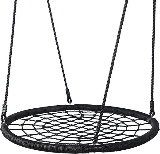 48'' Spider Web Hanging Saucer Tree Swing Set Rotating Adjustable Height Hanging Rope Attaches to Trees or Existing Outdoor Flying Saucer Swing Sets for Kids, Teens, Youth and Adult, Black