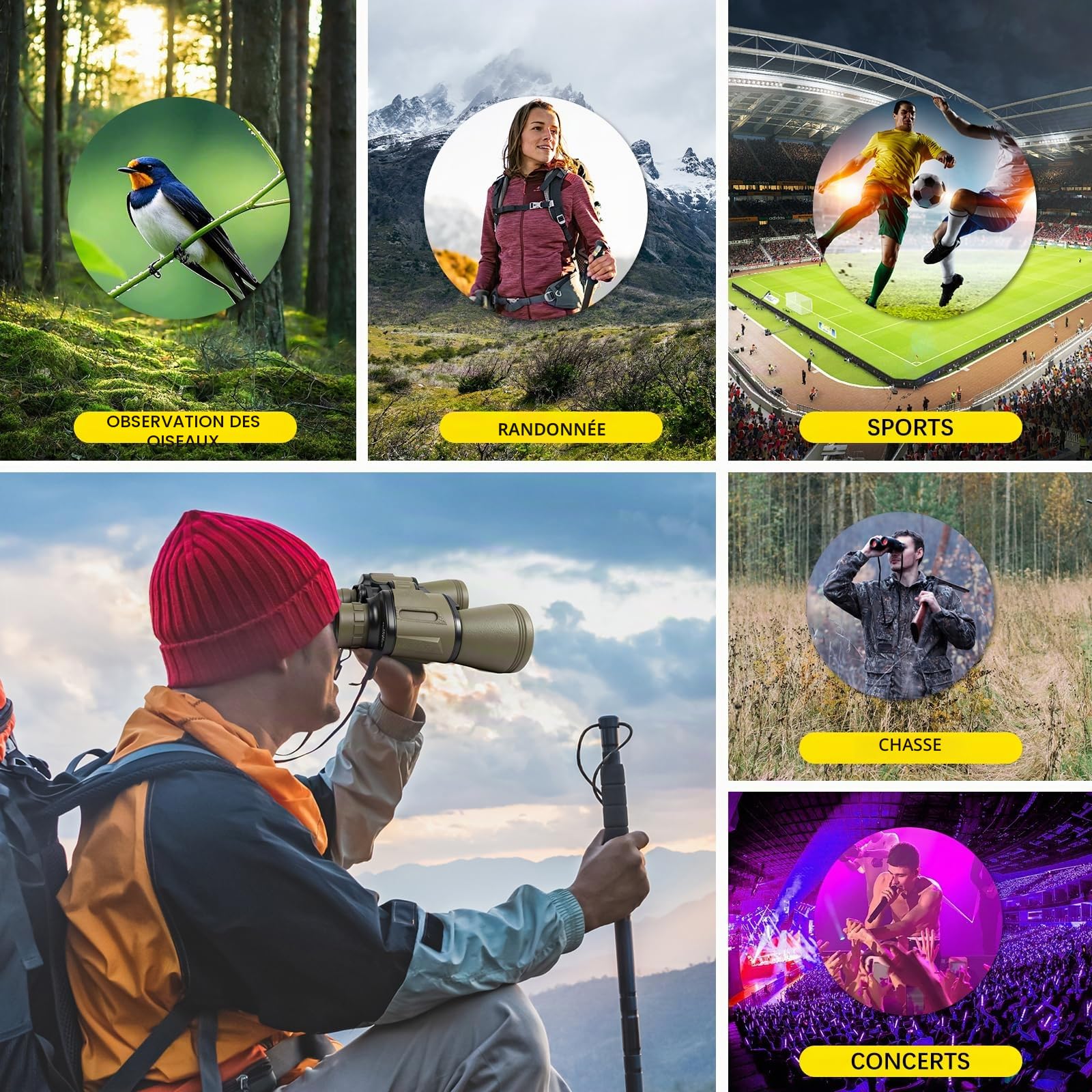 Jumelles 20 x 50 pour Adultes, Jumelles HD avec Vision Nocturne, Jumelles compactes avec objectifs FMC, étanches Tactiques pour Chasse, randonnée, Voyage de Concert avec Prisme BAK4 avec Adaptateur