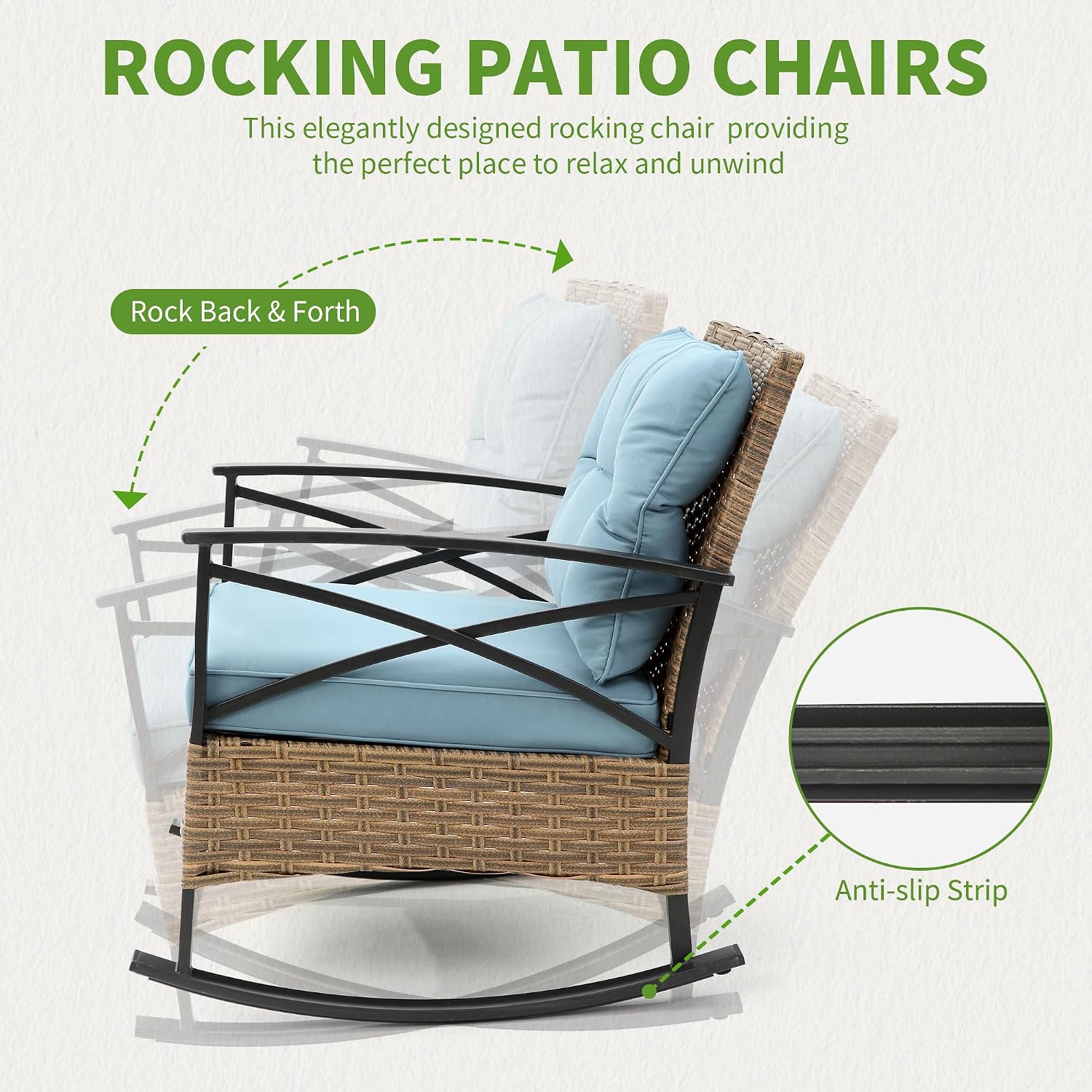 HOMEFUN Outdoor Rocking Chairs Set of 2, 3 Piece Patio Furniture with Thick Cushion, Bistro Table and Chair for Porch Backyard Outside, Blue