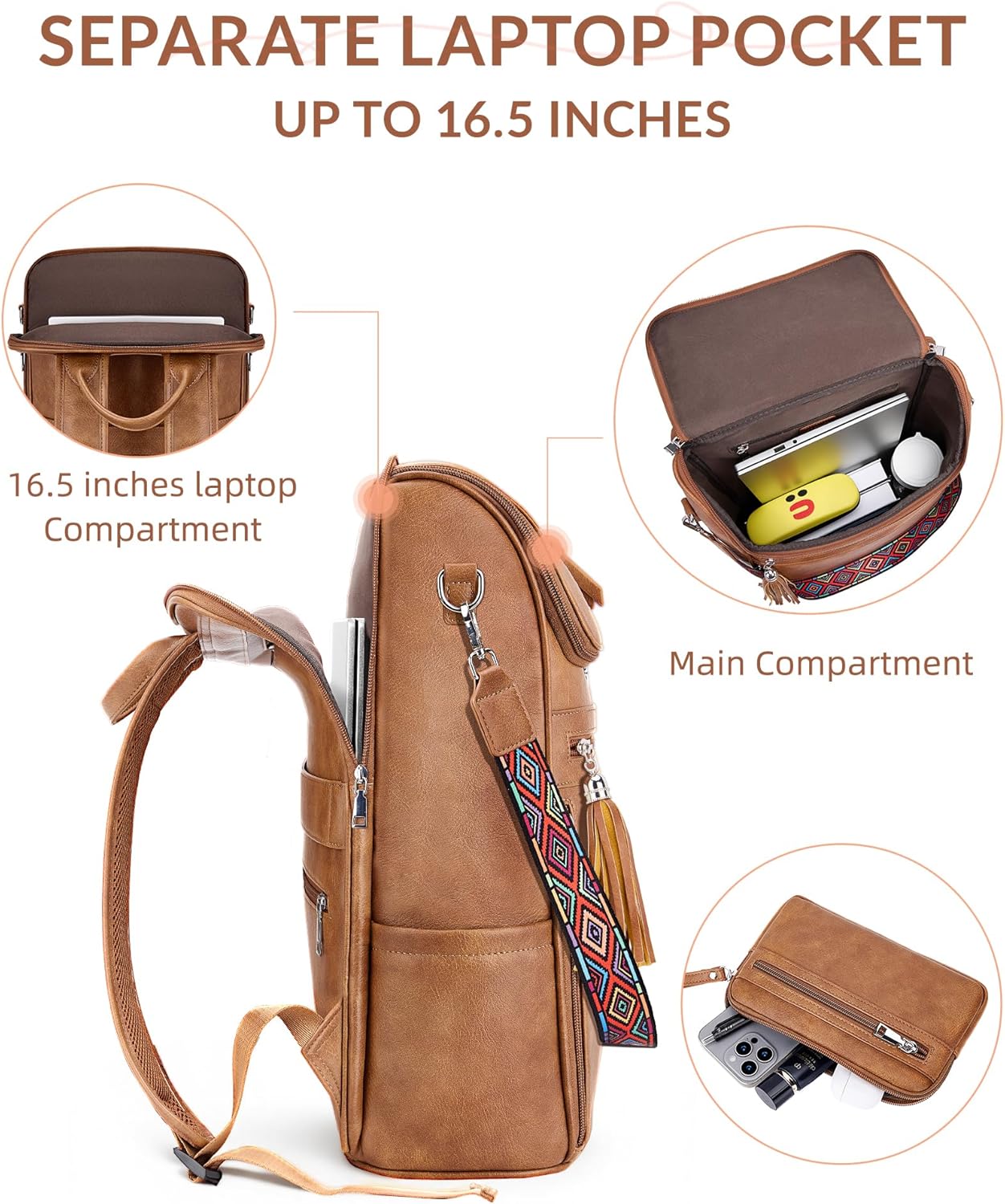 SYTRAH Leather Laptop Backpack for Women Designer Laptop Bag, 16.5 inch Travel Computer Backpacks Purse with Tassel for Work Business with Satchel Purse Brown - Image 5