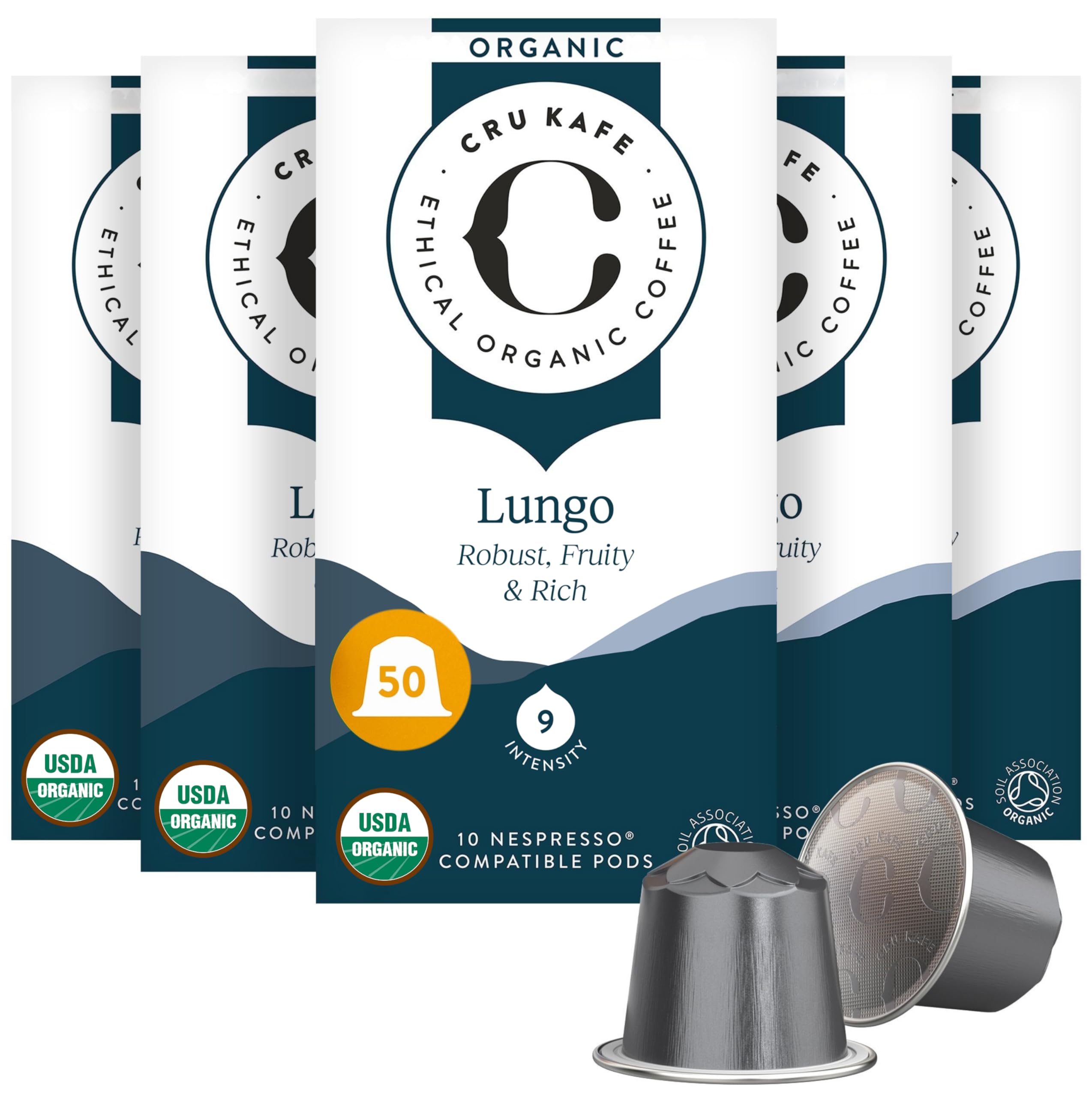 Cru Kafe Lungo Americano Strong USDA Organic Espresso Coffee Capsules (50 Pods) Fairtrade Coffee Pods Compatible with Nespresso Original Line and Pixie Machines