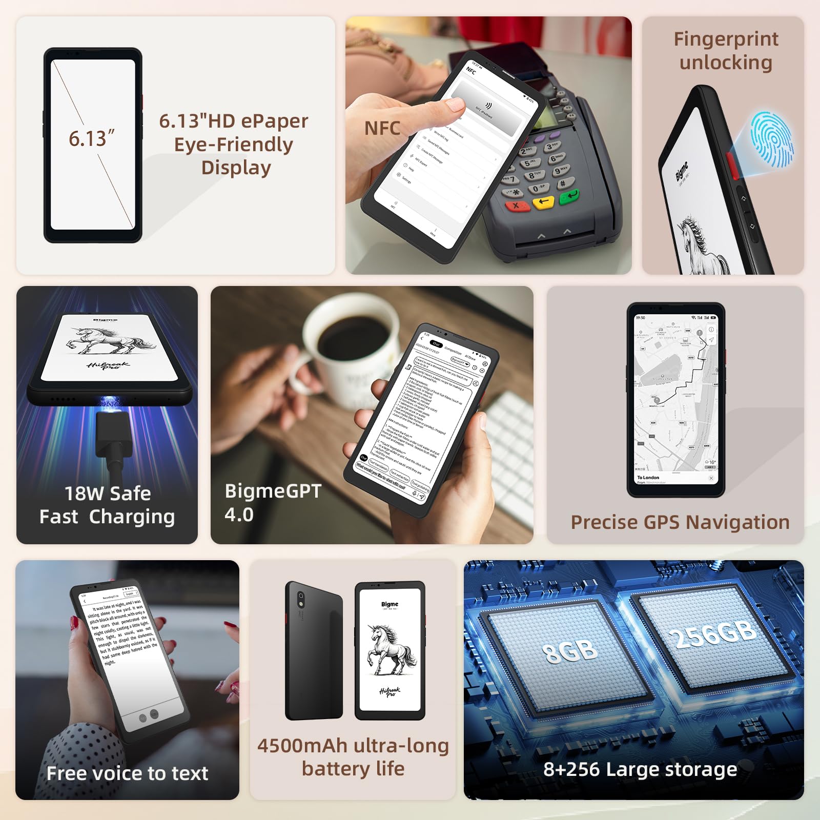 Bigme HiBreak Pro 6,13" Epaper Telefon Komórkowy 8+256 GB Android 14 OS Smartfon, 5G Dual SIM, GPS, Czarny