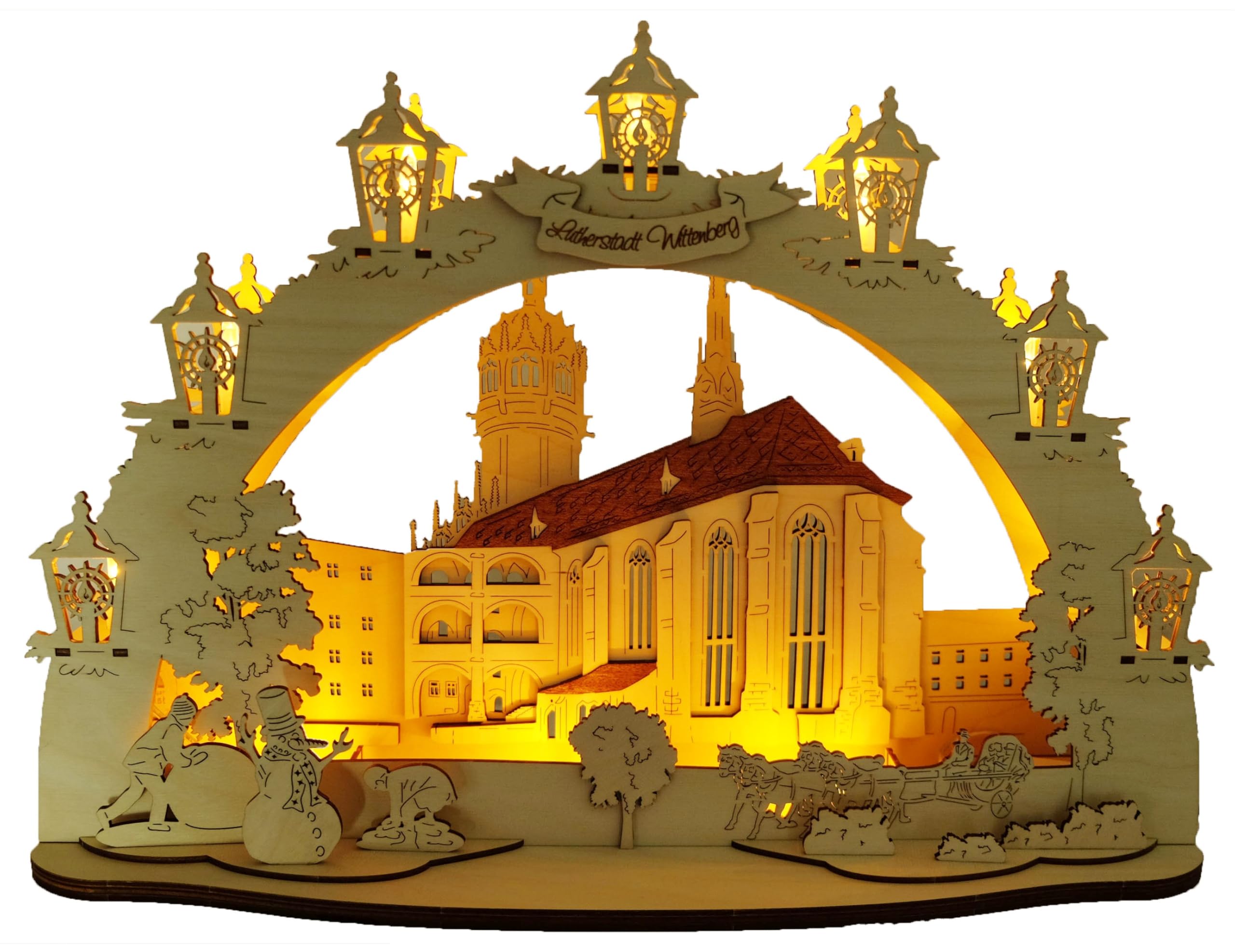 3D LED Schwibbogen Lutherstadt Wittenberg Schlosskirche - Holzkunst aus Sachsen - mit Netzkabel | Lichterbogen Weihnachten