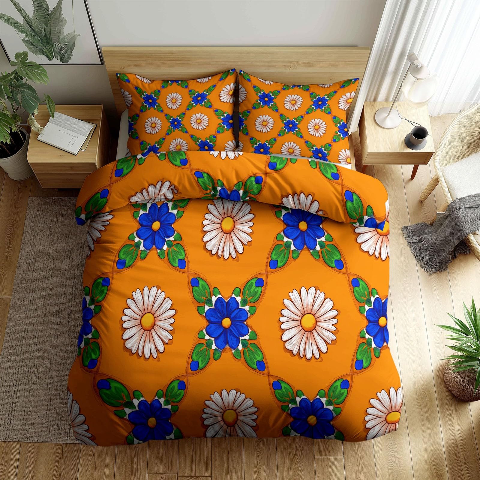 Housse de couette 200x200 orange réversible avec 2 taies d'oreiller pour lit 2 personnes