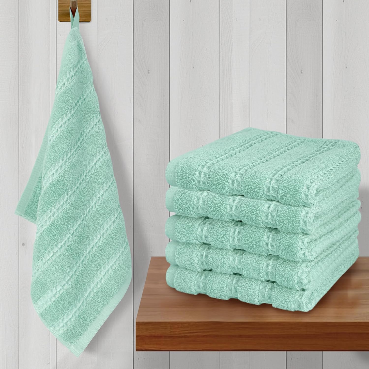 VOOVA & MOVAS Waffle Mint Green Washcloth 6PC (13"x13"), 100% Cotton, Soft, Absorb & Lightweight, Quick Dry, Waffle Towels Set with Hanging Loops, Wash Cloth for Bathroom & Kitchen, Guest Use