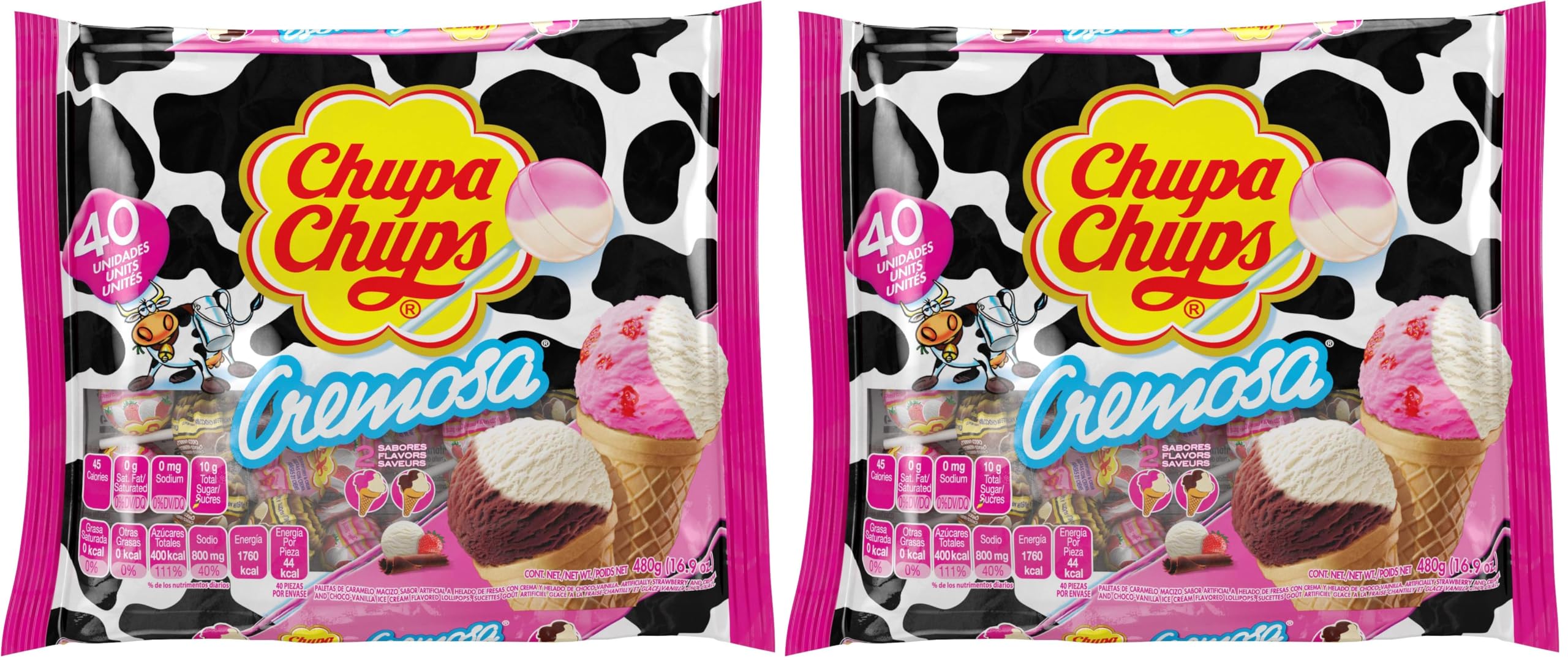 Cremosa Lollipop Assortment, 2 Ice Cream Flavors, Individually Wrapped Candy for Kids, 16.9 OZ Bag (40 Suckers) (Pack of 2)