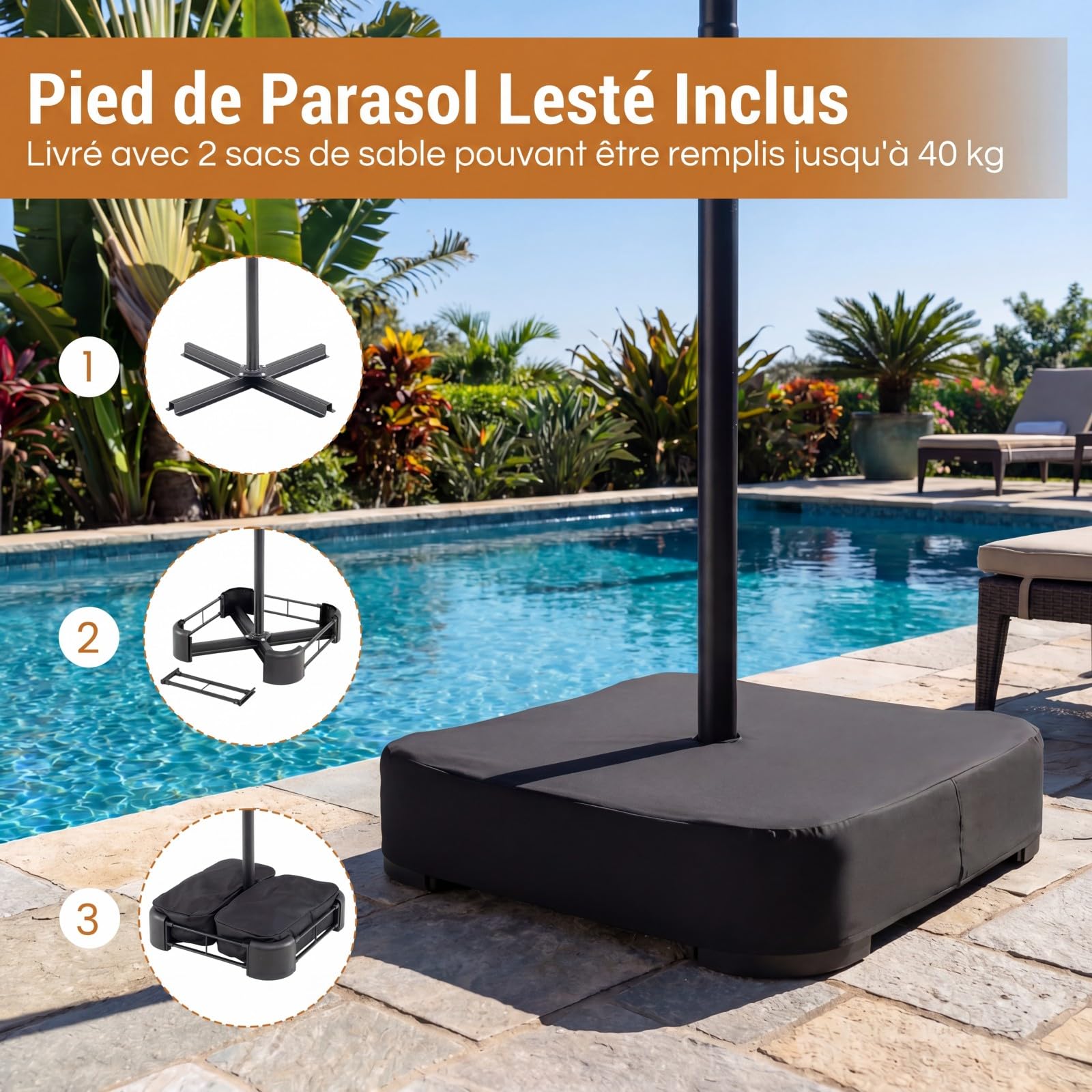 RELAX4LIFE Grand Parasol de Jardin Exterieur LED avec Pied, 4x2M Parasol Double Éclairé pour Terrasse/Piscine/Marché, 12 Baleines Renforcées, Manivelle, Protection Solaire pour 6-8 Personnes (Gris)