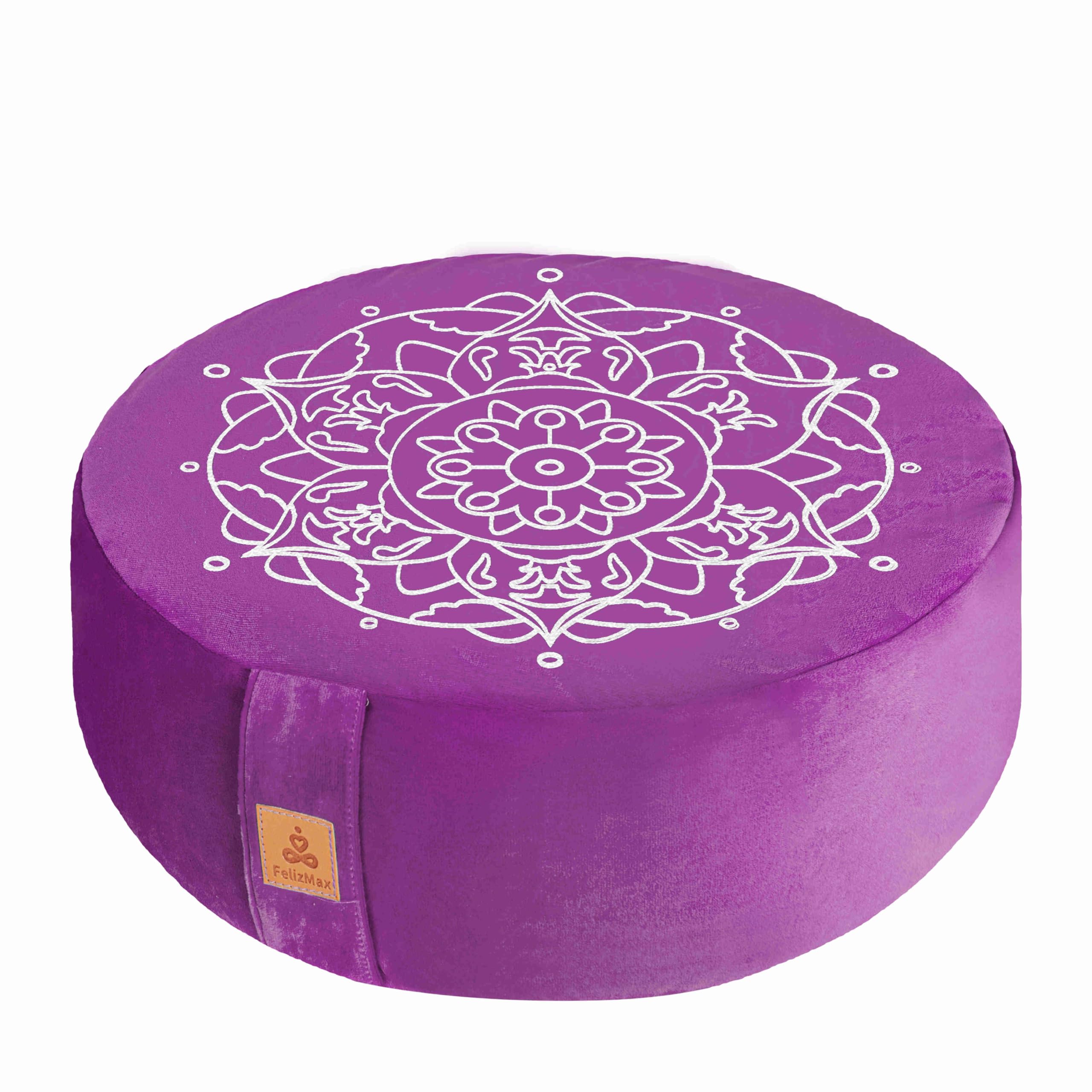 Embroidered Meditation Pillow D=16" H=5.5" Round Velvet Meditation Cushion Yoga Bolster Floor Pouf Zafu Natural Buckwheat hulls Sitting on Floor Removable Organic Cotton Cover Large Kneeling Pillow