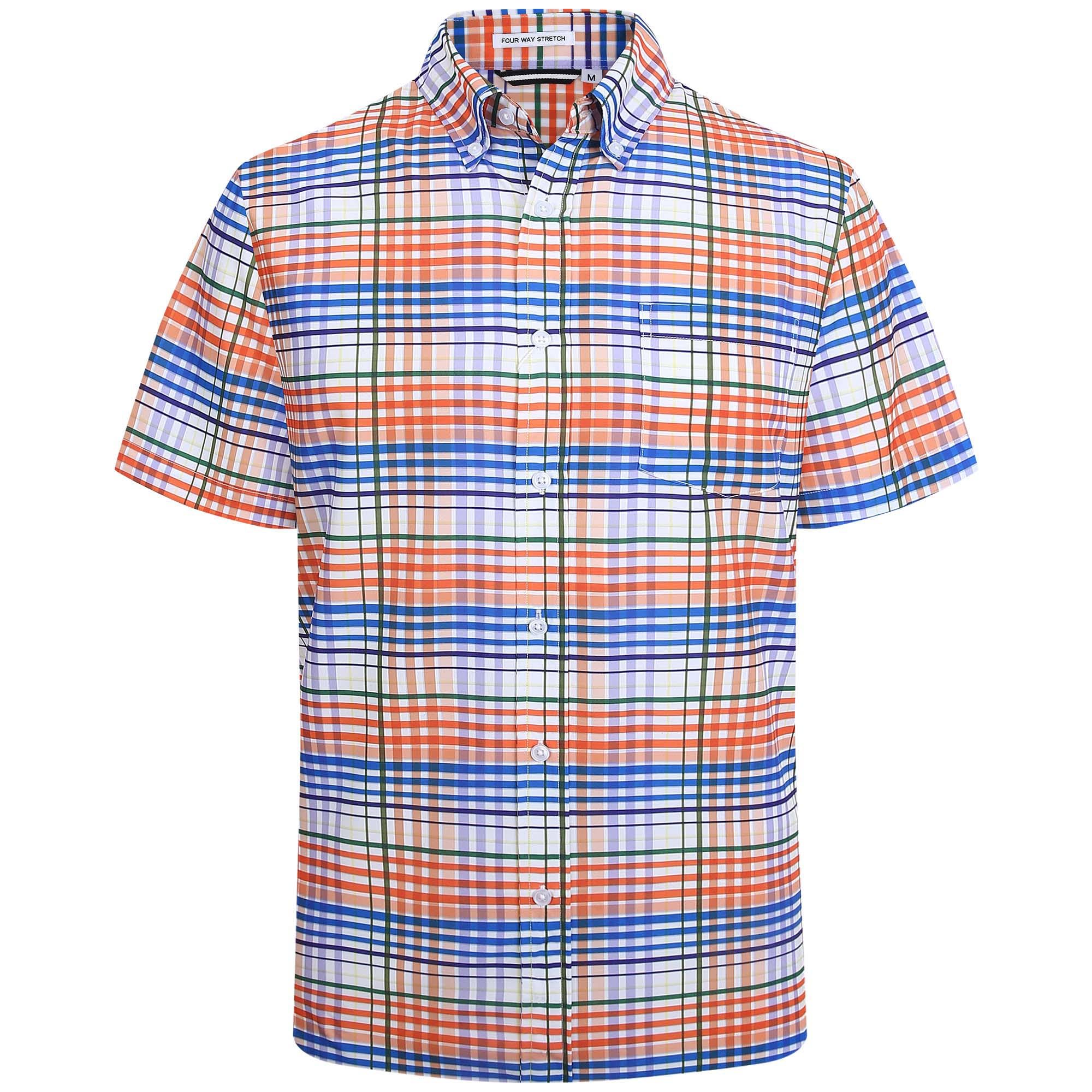 WARHORSEE Men's Plaid Button Down Shirts Short Sleeve 4-Way Stretch Dress Shirts for Men Business Casual Shirts