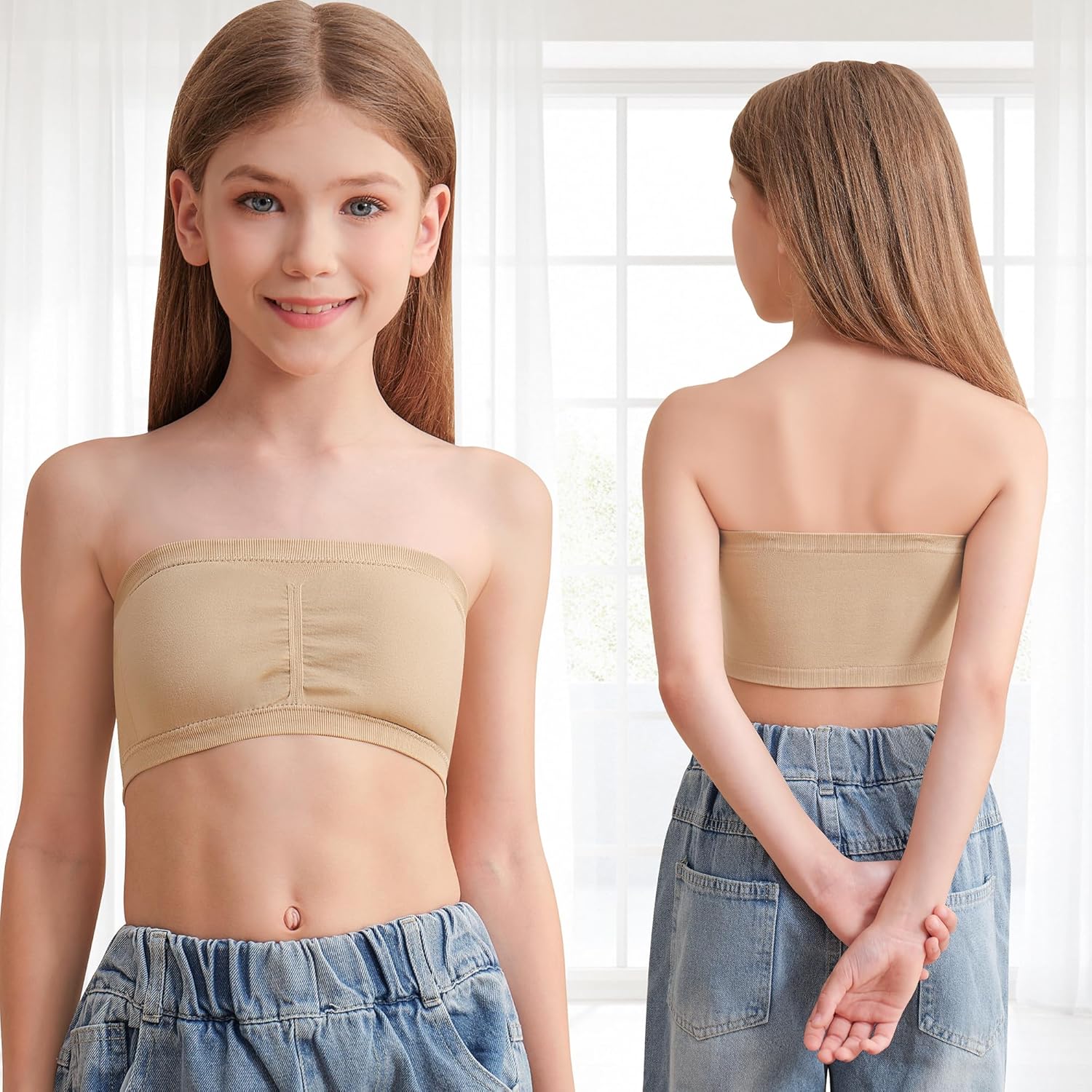 DANSHOW Girls Seamless Bandeau Bra for Teen Girls Training Sport Crop Top with 2 Pairs of Clear Straps, Chest Padding - Image 3