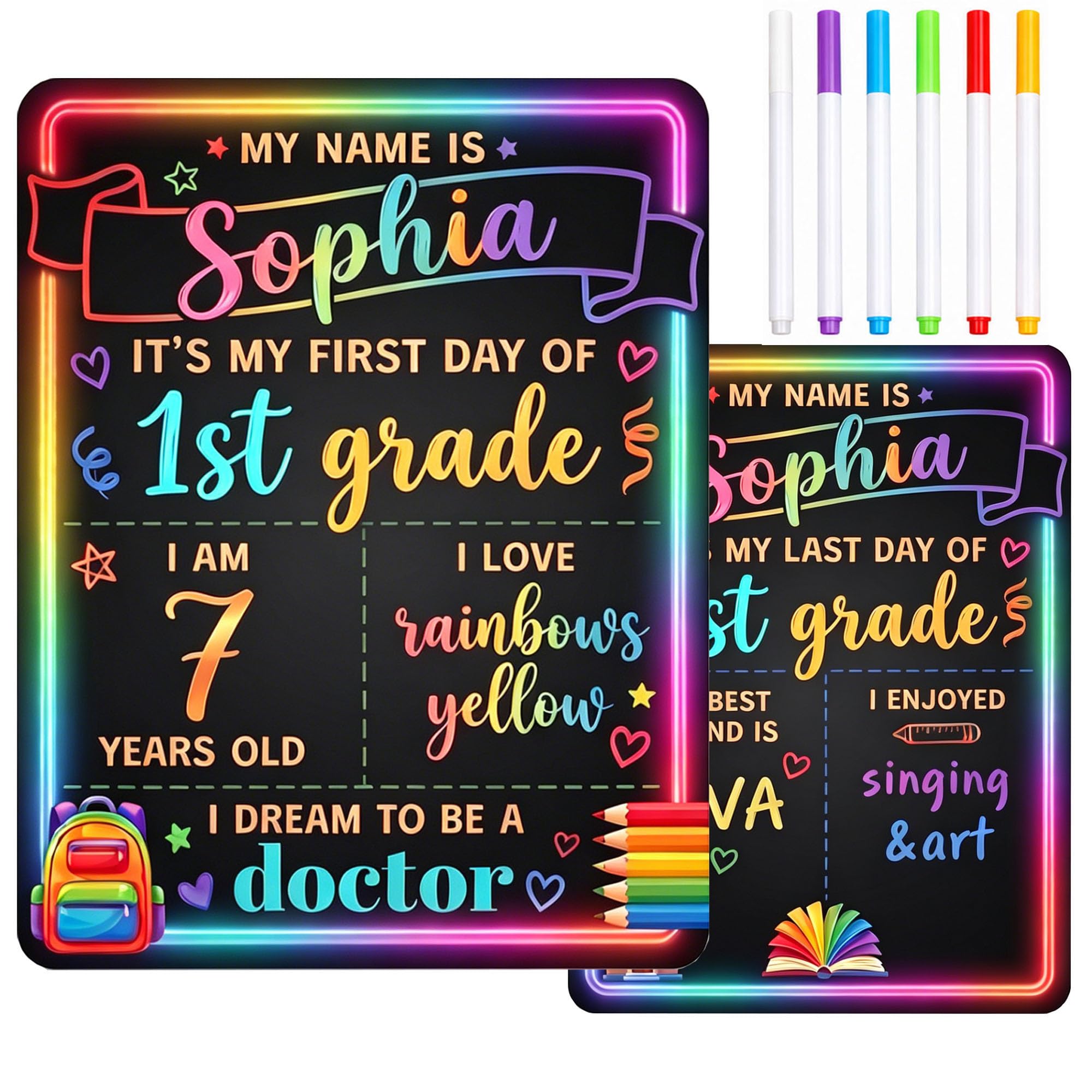 Double-Sided First Day of School and Last Day of School Chalkboard Sign, 12 x 10 inches, Wooden, Reusable, for Kids, Preschool, Kindergarten, 1st Grade