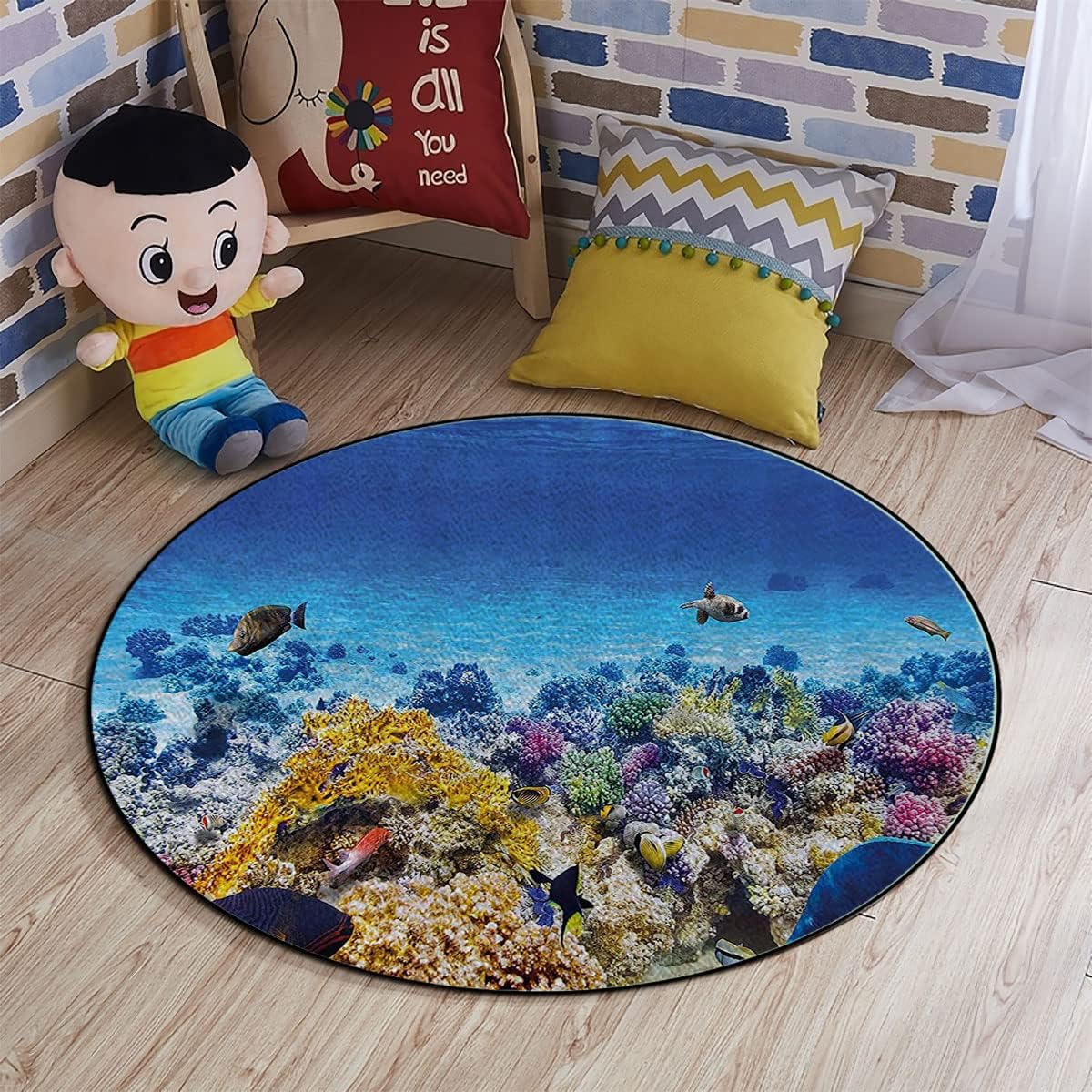 Turquoise Anti-Slip Computer Chair Mat Low Pile Carpet Mats for Home Office Underwater Sea World Scene with Goldfish Protectors Mats Desk Chair Mat for Rolling Chair Ocean Decor Diameter 39 in