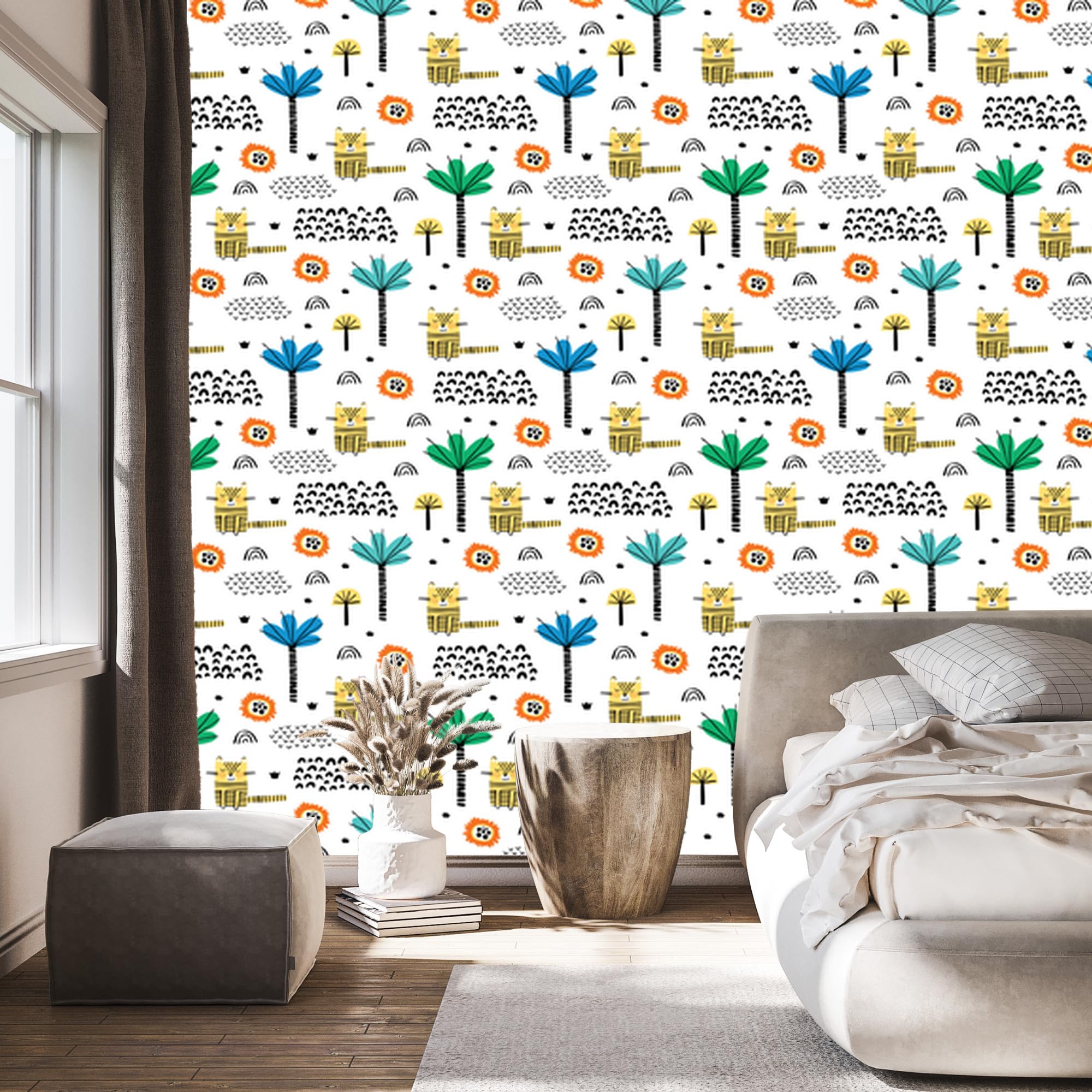 Vliestapete Tiere, Katzen und Bäume 50 x 1000 cm | Feline Tierillustration; Verspielter Zimmerschmuck; Behagliche Kinderdekoration; Kleister im Set