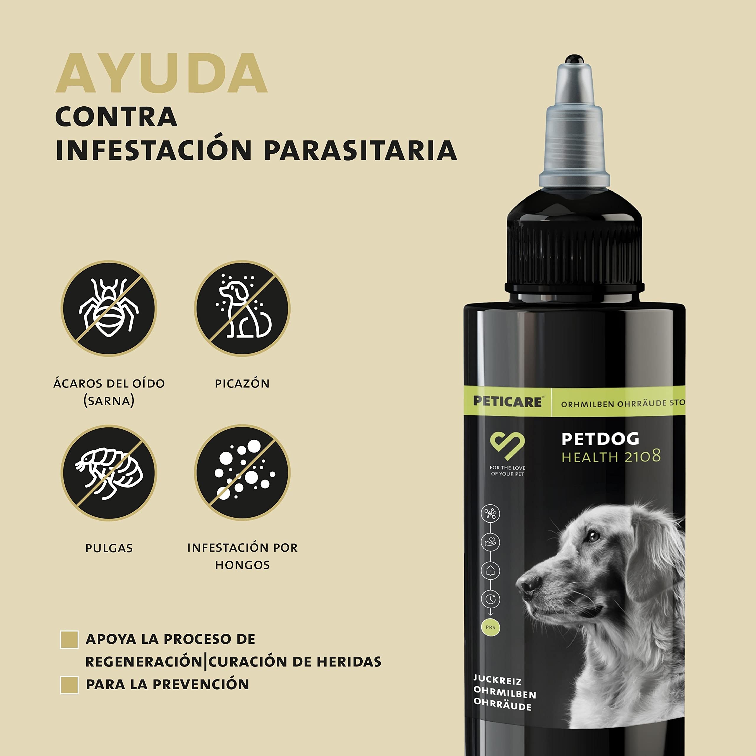 Peticare Perro Aceite de Cuidado Limpiador para Acaros del Oido y Anti-Parasitos - Gotas de Tratamiento, Limpia Eficazmente Orejas, Detiene Otitis Parasitaria - petDog Health 2108