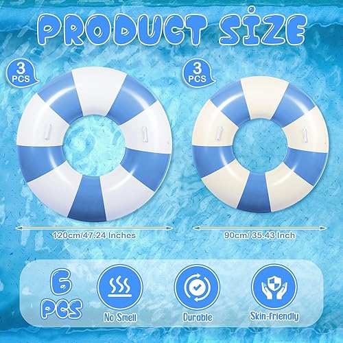 Miniatura 2 de 6 anillos de natación grandes con asas de 47.24 pulgadas, 35.43 pulgadas, a rayas, inflables para piscina, tubos interiores de piscina, flotadores