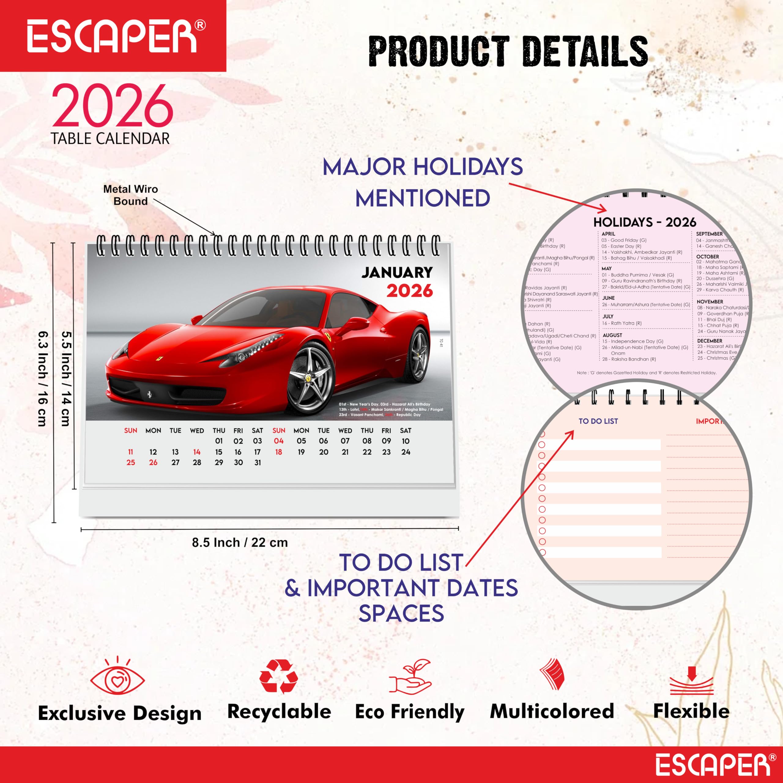 ESCAPER Cars Tischkalender 2026 - A5 Tischkalender mit Sportfahrzeugen, Schreibtisch-Organizer für Büro & Studium, Automobil-Neujahrsgeschenk