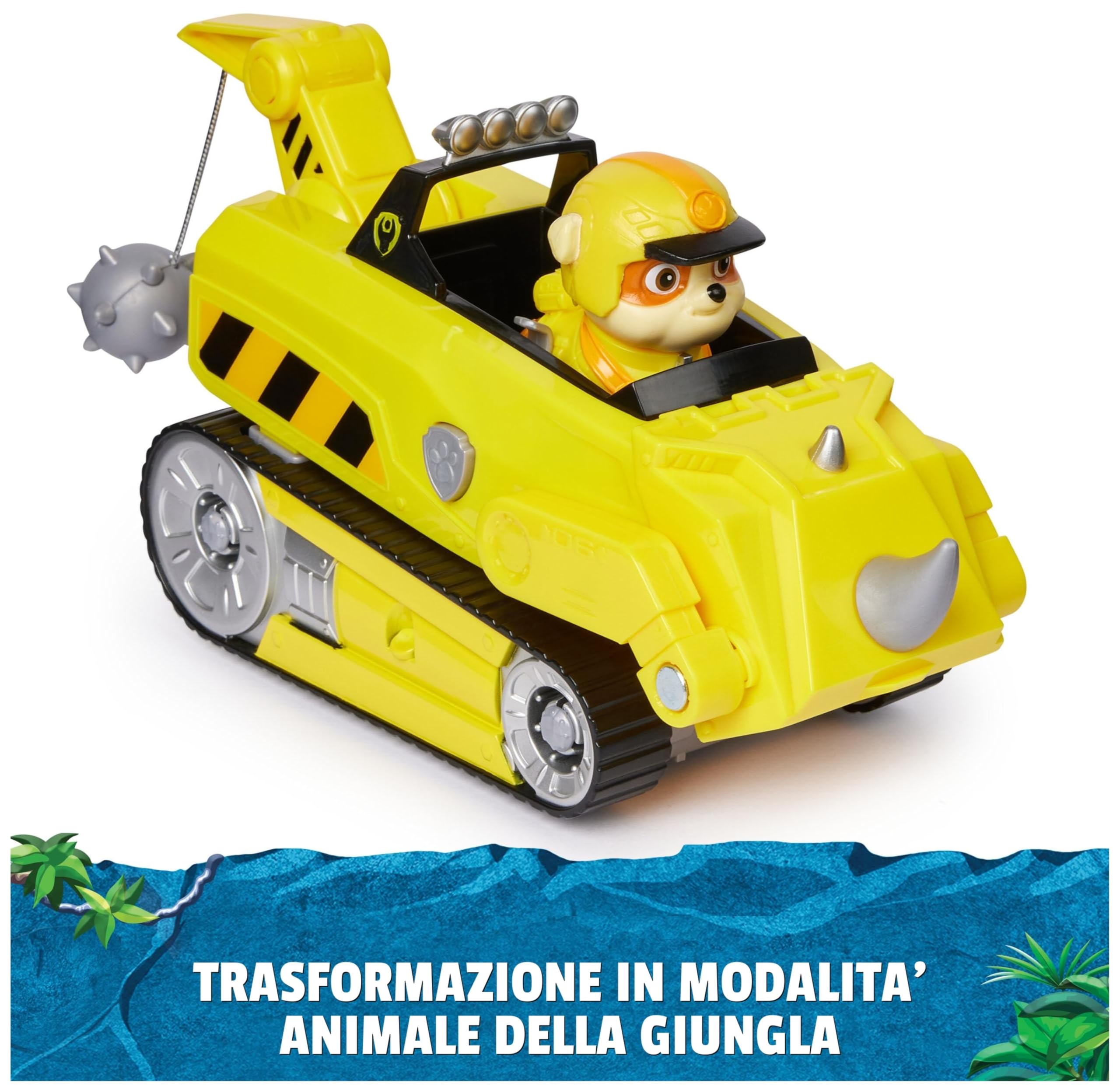 PAW Patrol Jungle Pups, Veicolo Rinoceronte di Rubble, veicolo giocattolo con personaggio Rubble da collezione, giocattoli per bambini e bambine dai 3 anni in su
