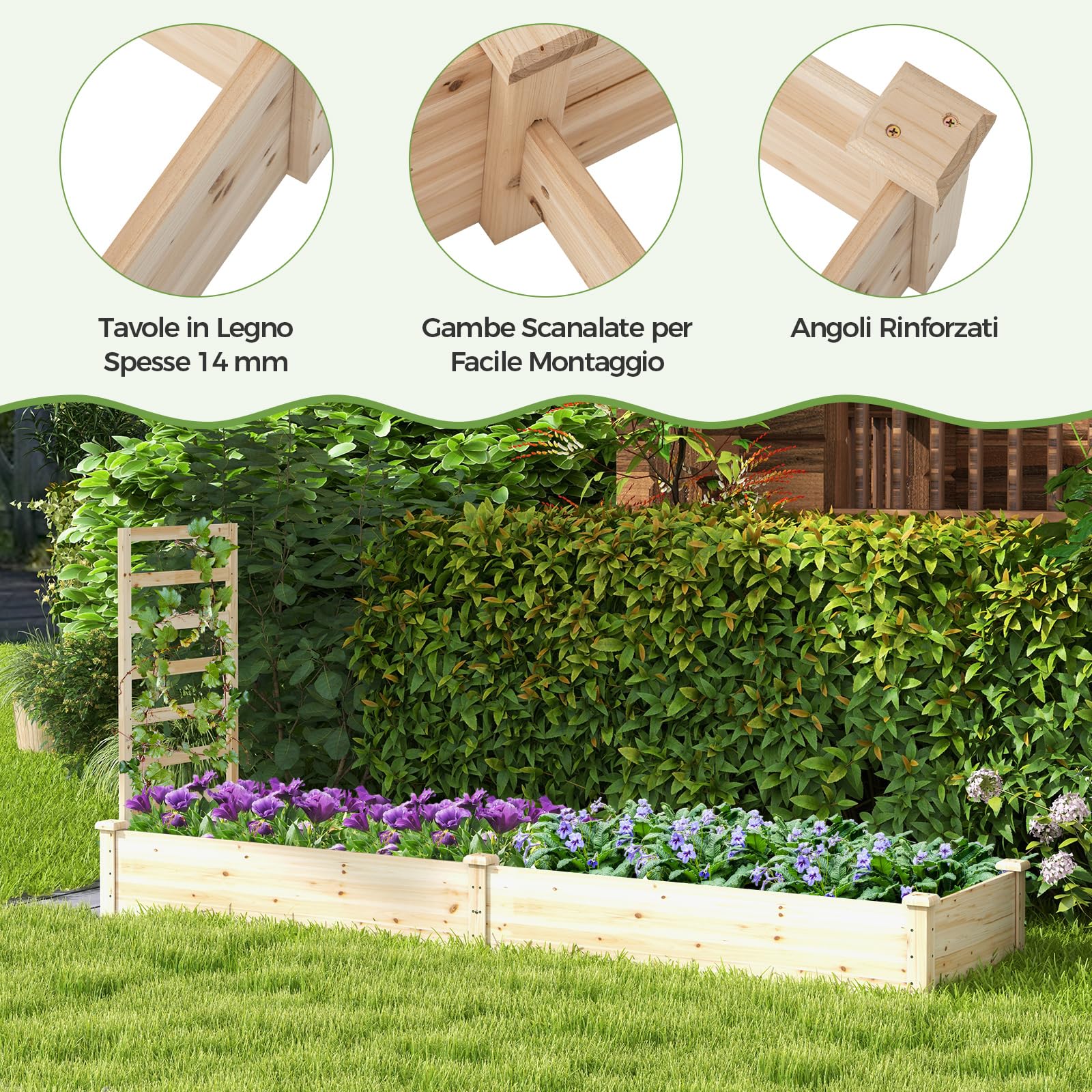 COSTWAY Fioriera da Esterno e Traliccio, Letto Rialzato in Legno per Fiori, Erbe, Verdure, Frutta e Viti Rampicanti, Aiuola Elevata da Giardino con Spalliera, 235CM x 63CM x 102CM (Naturale)