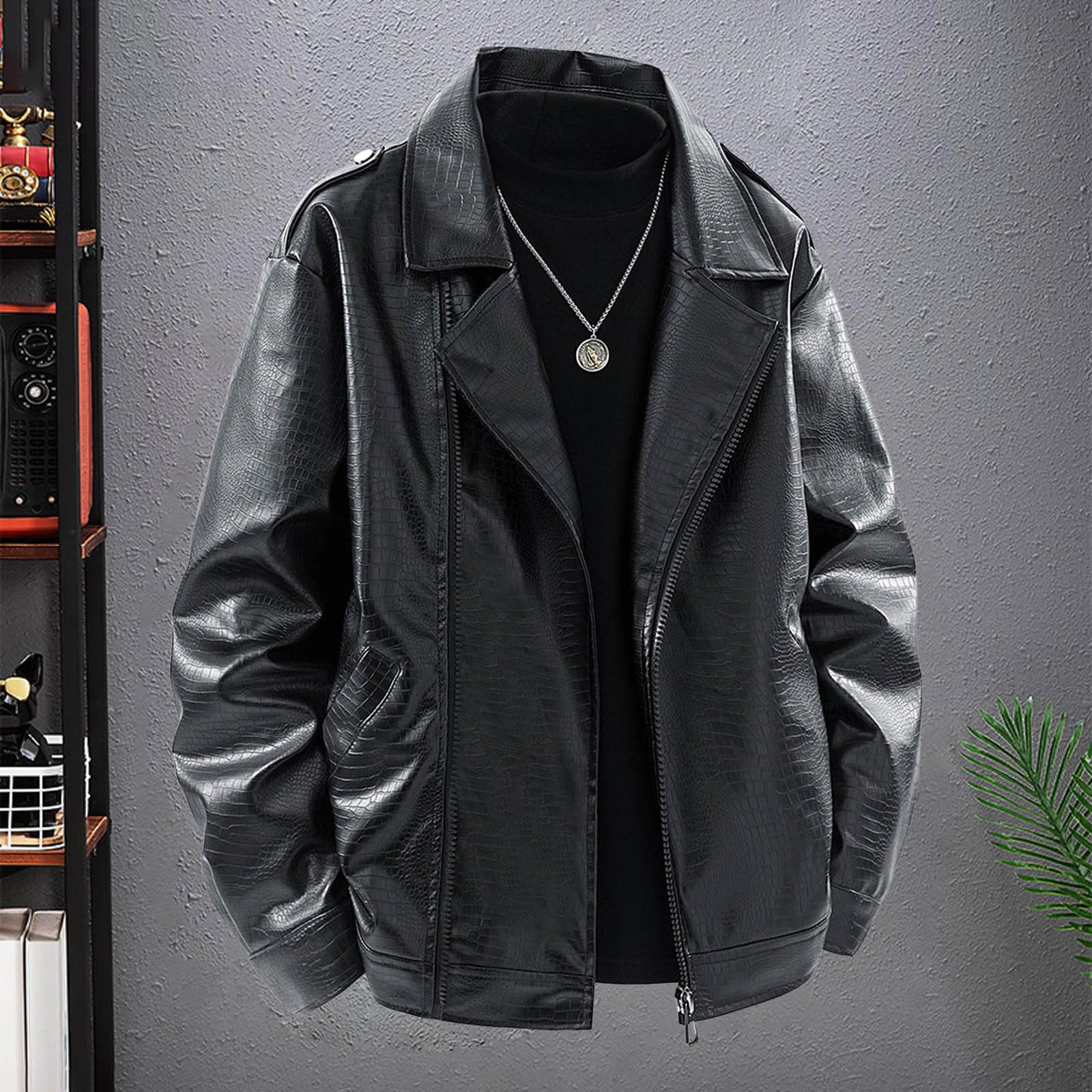 Blouson Moto Homme Veste en Cuir pour Homme, Style Classique, Revers cranté, Fermeture éclair latérale, vêtement d'extérieur décontracté pour Le Quotidien et Les activités de Plein air