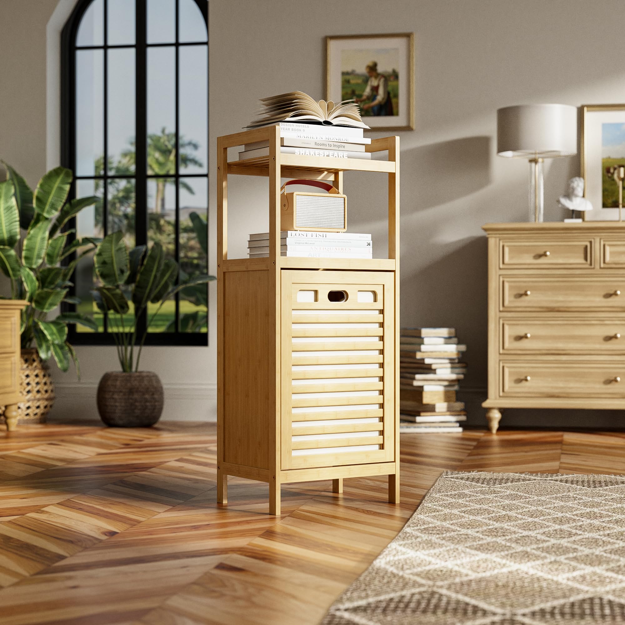 HITNET Mueble Ropa Sucia, Armario de Baño con 1 Cesta de Ropa Sucia y 2 estantes Abiertos, 40L Bolsa Interior Extraíble con Asas para Sala de Estar y Dormitorio, Natural