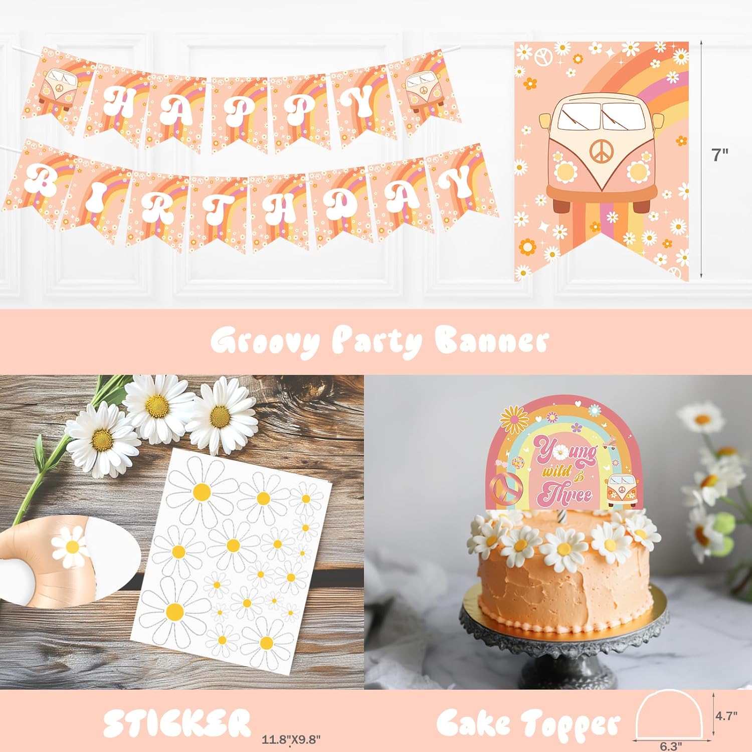 Hombae Young Wild and Three Party Decorations, Groovy 3rd Birthday Decorations for Girls, Daisy Boho Hippie Themed Third Party Supplies Backdrop Balloon Banner Tablecloth Crown for 3 Year Old Girl