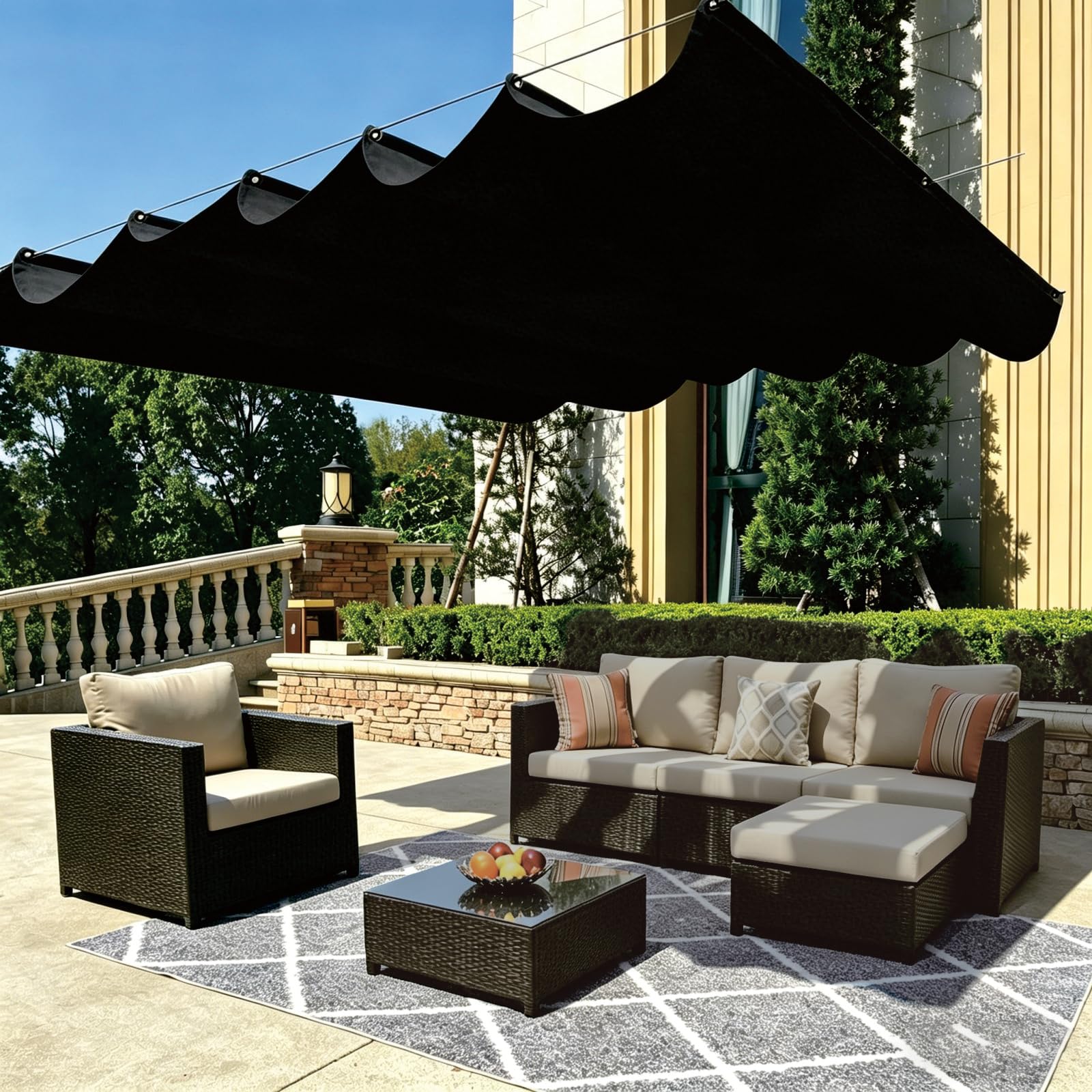 Filet d'ombrage ondulé pour jardins et terrasses : bâche noire 225x400cm avec œillets