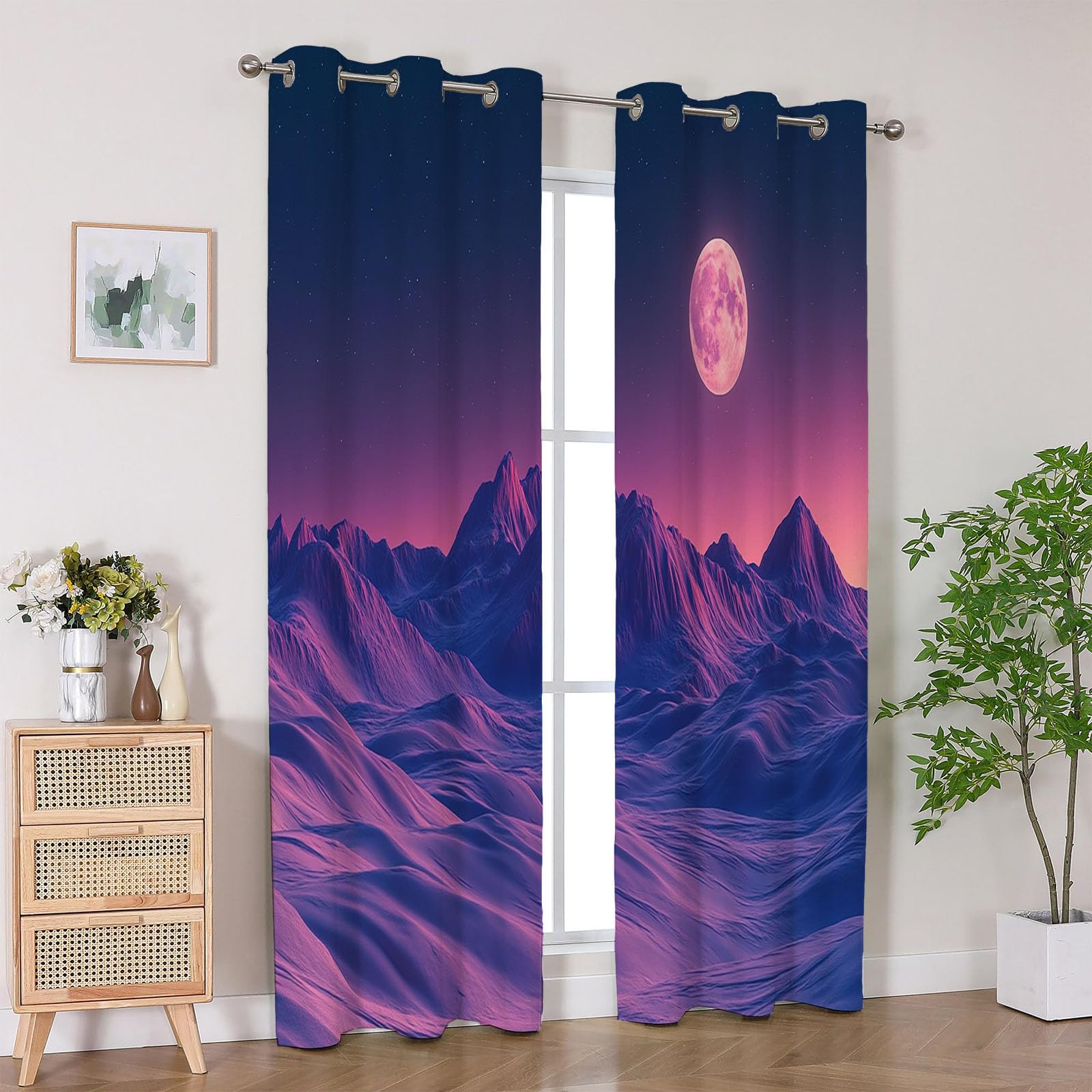 Böhmische Abstrakte Linien-Küchenvorhänge Mond Gardine Lichtundurchlässig Fenstervorhang Wohnzimmer Bunt geometrisch Vorhänge-H220 x B132 cm (2er Pack)