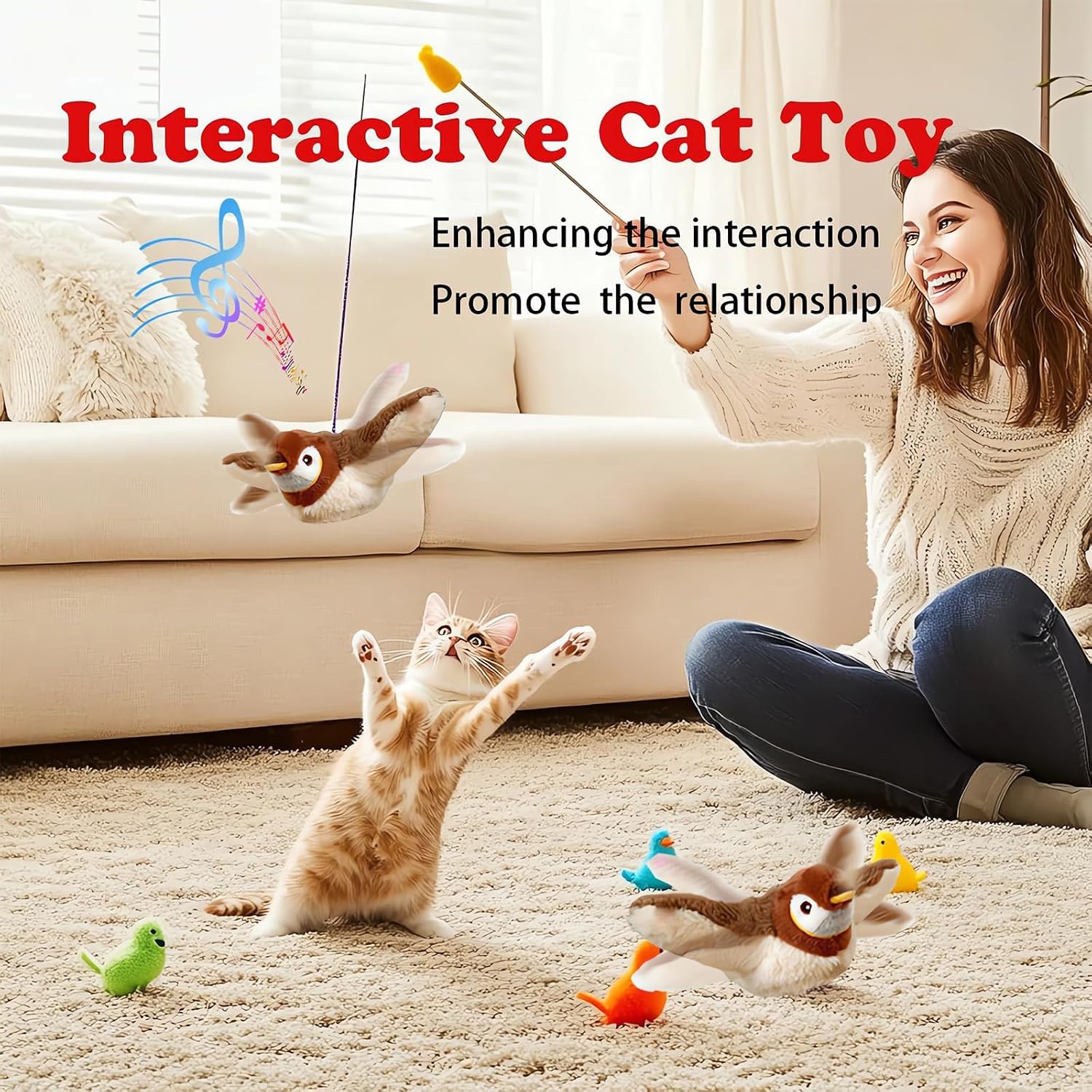 Interactive Chirping Bird Cat Toys with Flapping Wings,No Flying Birds Cats Toy, Flying Simulation Electric Sparrow Shaking Hunting Pet Toy for Indoor (Brown Upgrade)