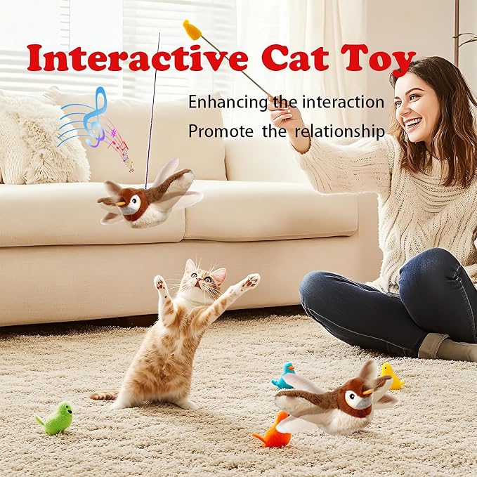 Juguete interactivo pájaro chirriante para gatos con alas batientes miniatura 3