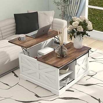 TaoHFE Lift Top Coffee Table with Storage,Rustic White Farmhouse Coffee Table, Square Storage Compartment and Adjustable Shelves Coffee Tables for Living Room Oak White