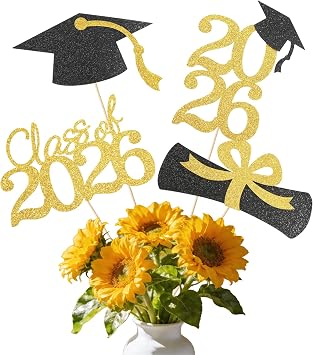 Graduation Decorations 2026, Gold Graduation Centerpiece Sticks, 16pcs Class of 2026 Party Table Toppers Grad Cap Sticks Centerpiece Table Decorations for High School College Graduation Party Supplies
