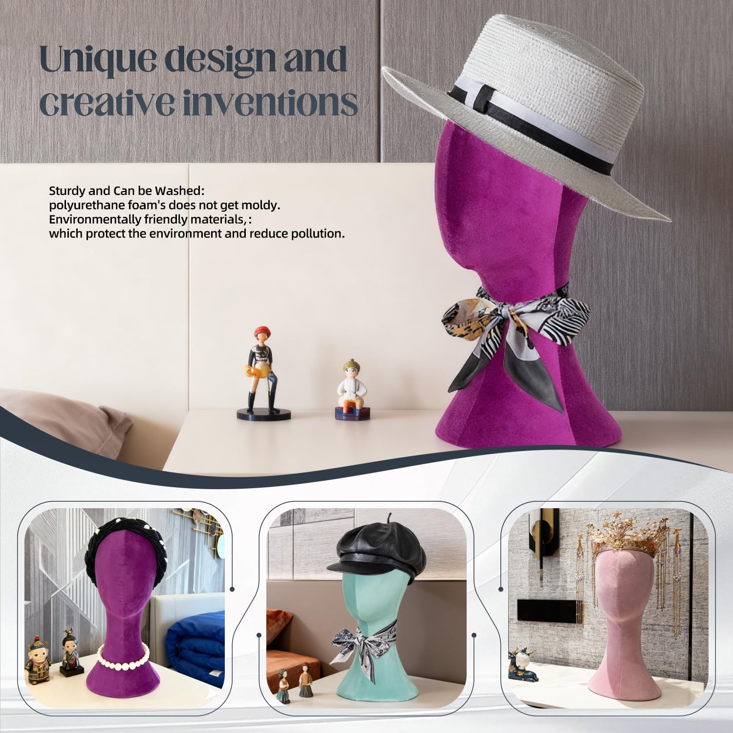 Wig Head Stand Mannequin Head Hat Display Stand Velvet Wig Holder for Mask, Headdress, Necklace (White)