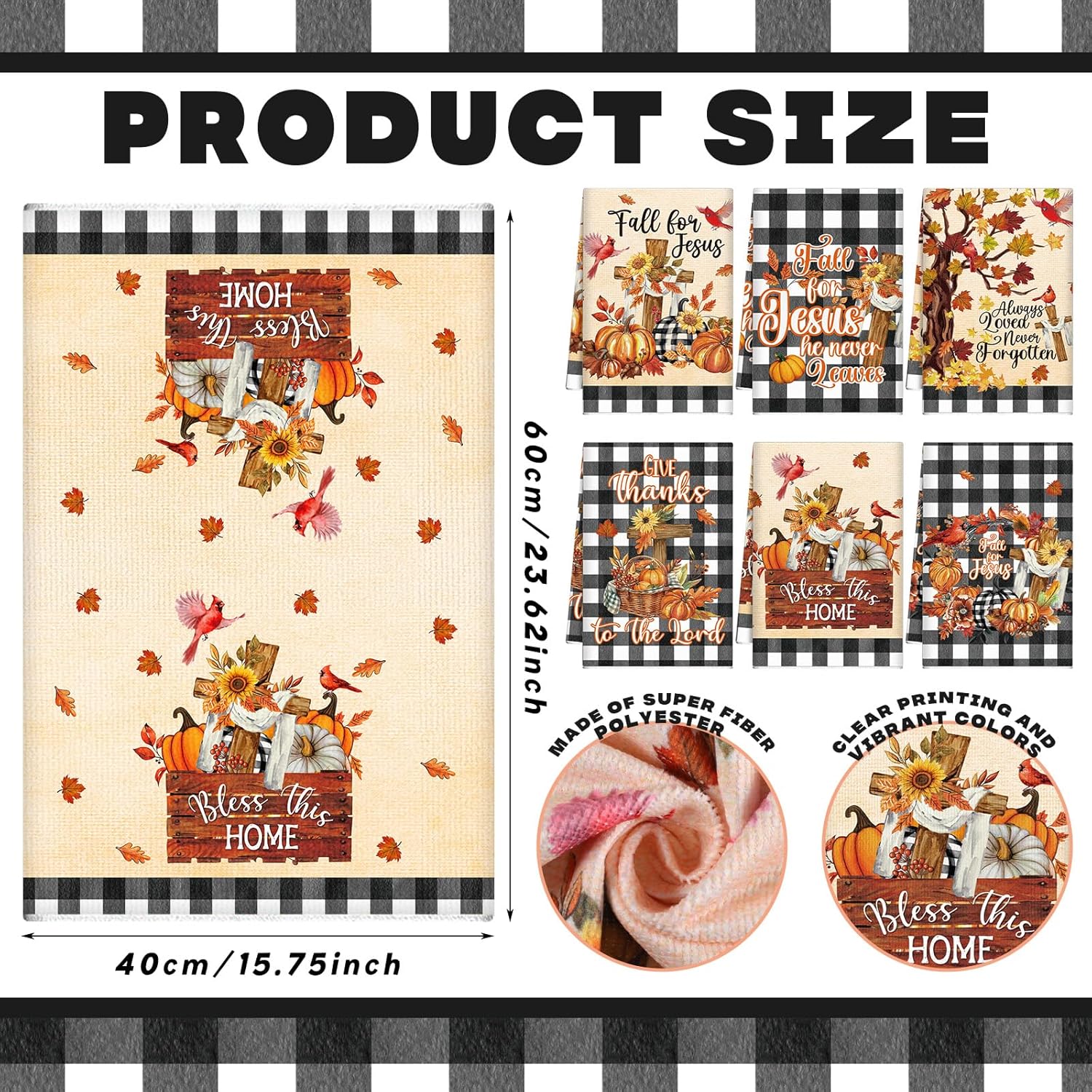 Oudain 6 Pcs Thanksgiving Kitchen Towels Set Buffalo Plaid Pumpkin Maple Absorbent Fall Dish Towels 16 x 24 Inches Autumn Farmhouse Decor for Kitchen Bathroom Home - Image 3