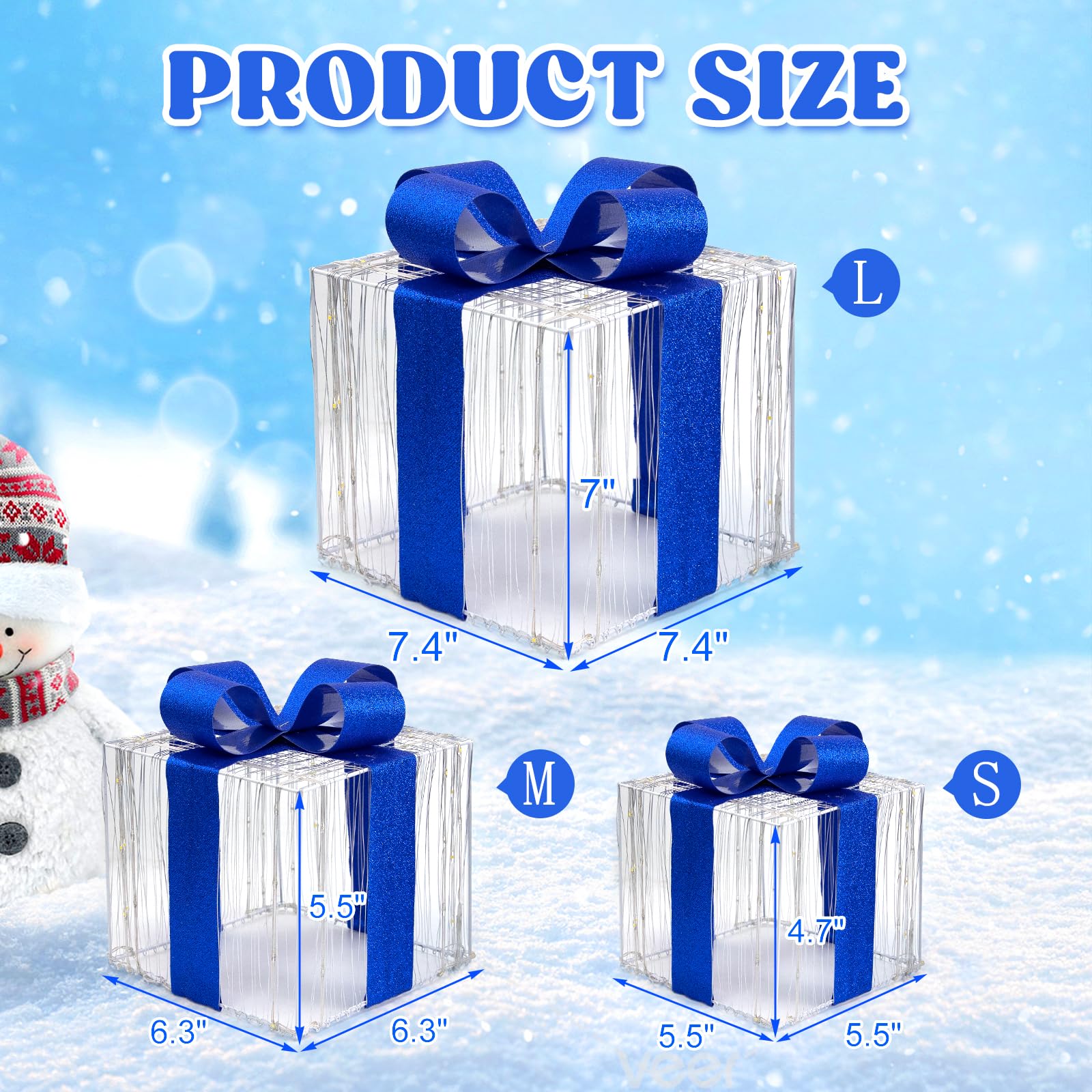 Set di 3 scatole regalo con luci di Natale, 140 luci a LED, scatole regalo con fiocchi blu brillante per albero di Natale, patio, casa, decorazione per interni ed esterni