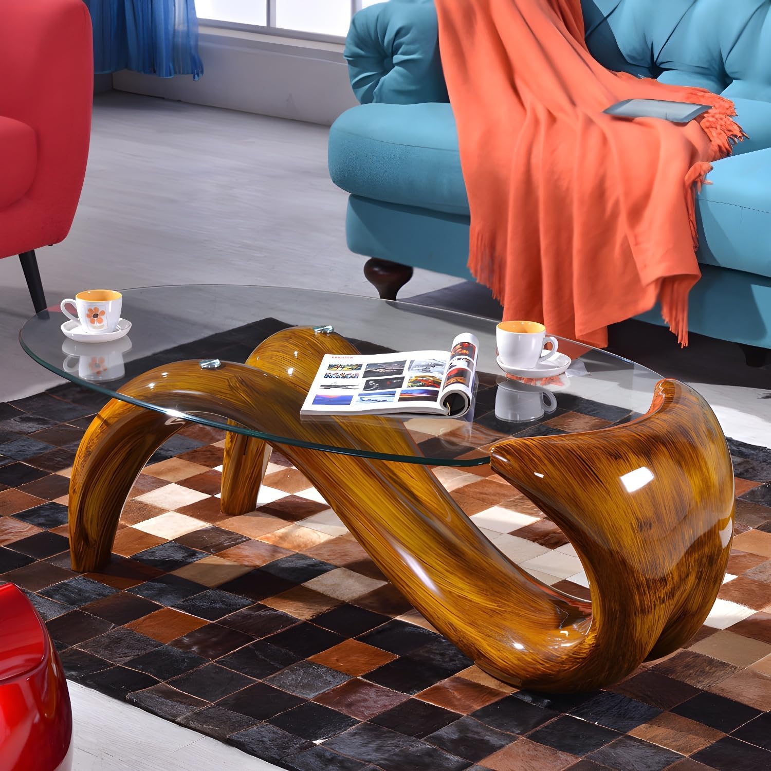 LITFAD Single Glass-Topped Cocktail Table Oval Contemporary Coffee Table Creative Mermaid Living Room Table - 47.3" L x 27.5" W x 16" H Dark Wood
