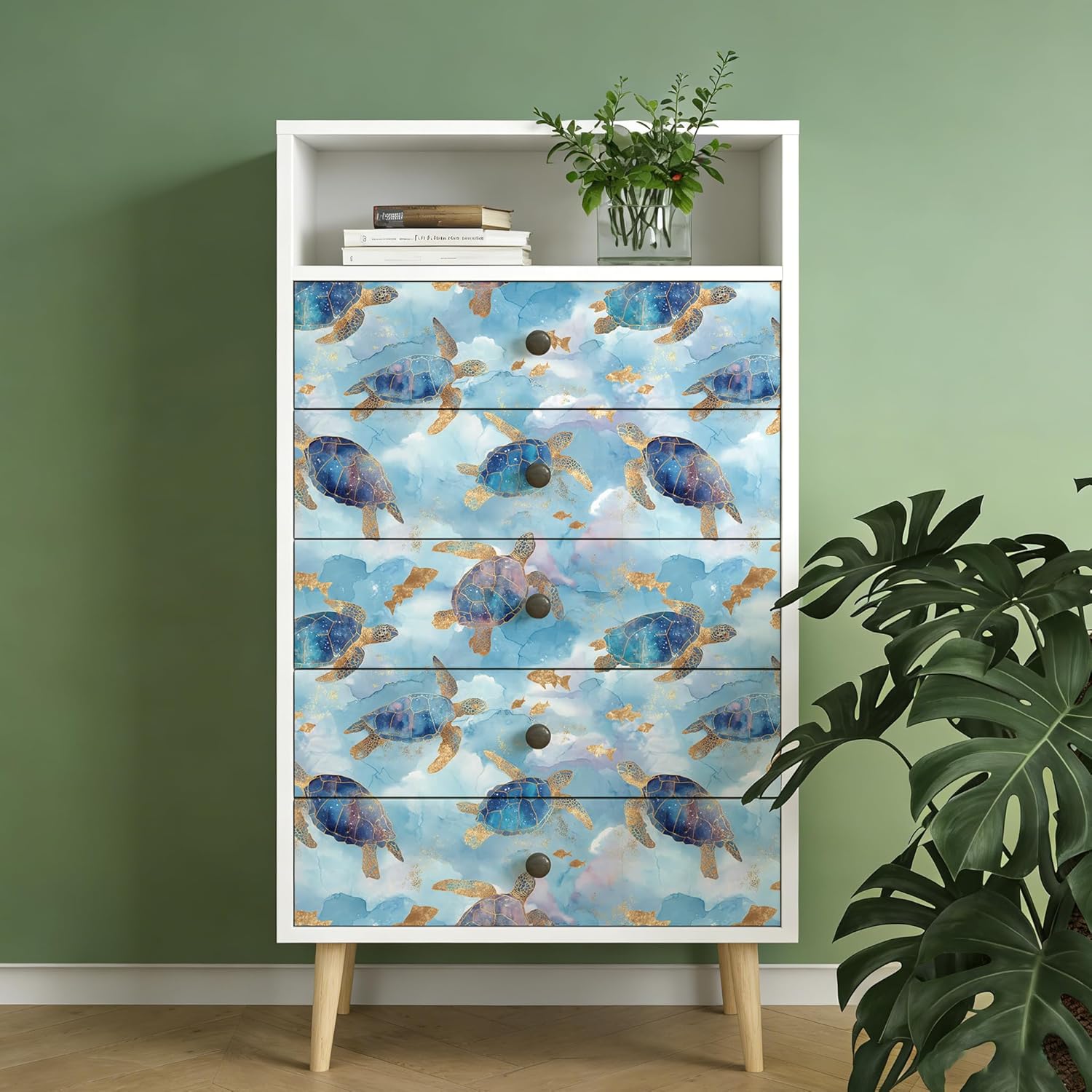 Removable Wallpaper for Kids Room, Light Blue Ocean with Turtle Pattern, Non-Toxic Peel and Stick Mural for Nursery & Playroom, 17.7x118 Inch