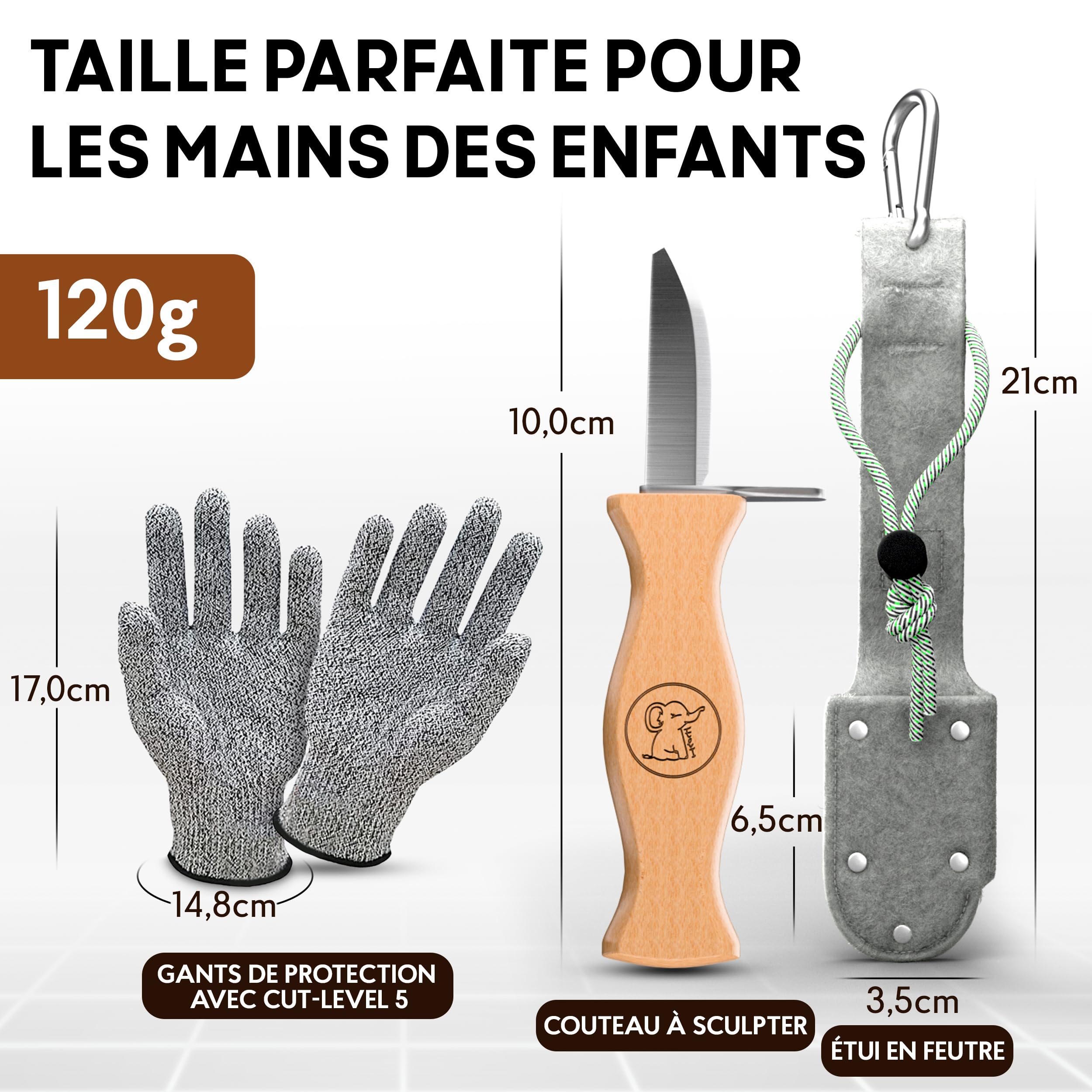 Eli® Couteau de sculpture pour enfant à partir de 6 ans - Avec sac en feutre - Kit de sculpture de qualité supérieure avec gants résistants aux coupures