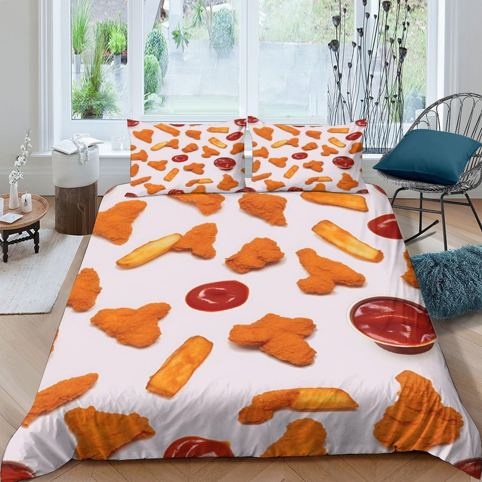 GPLZQXKJNH 3D Printed Chicken Nuggets Duvet Cover Microfiber Soft Ketchup Fries Bedding Set with 2 Pillowcases for Bedroom Decor Single（135x200cm）