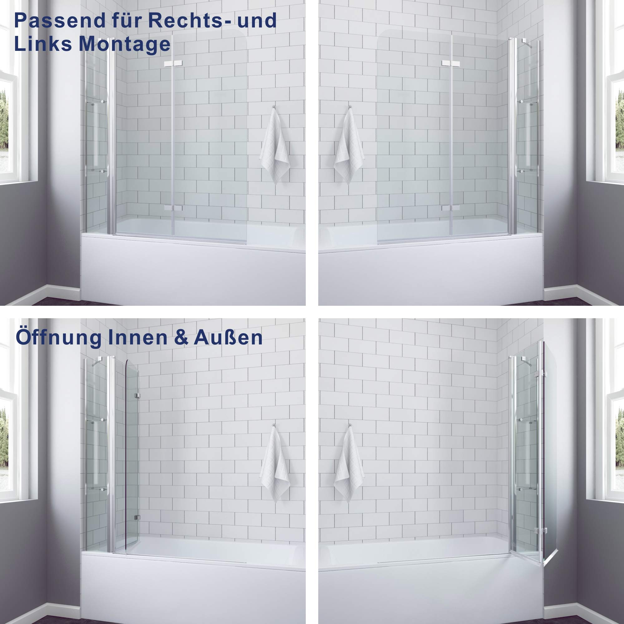 Duschwand Glas für Badewanne 130 x 140 cm Badewannenaufsatz Duschabtrennung Faltwand Falttür mit Festteil und Duschablagen aus 5mm Einscheiben Sicherheitsglas ESG mit Nanobeschichtung | AQUABATOS