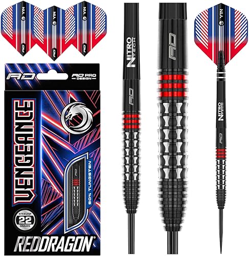 RED DRAGON Vengeance Series - Juego de dardos de tungsteno prémium con puntas de acero y tallos