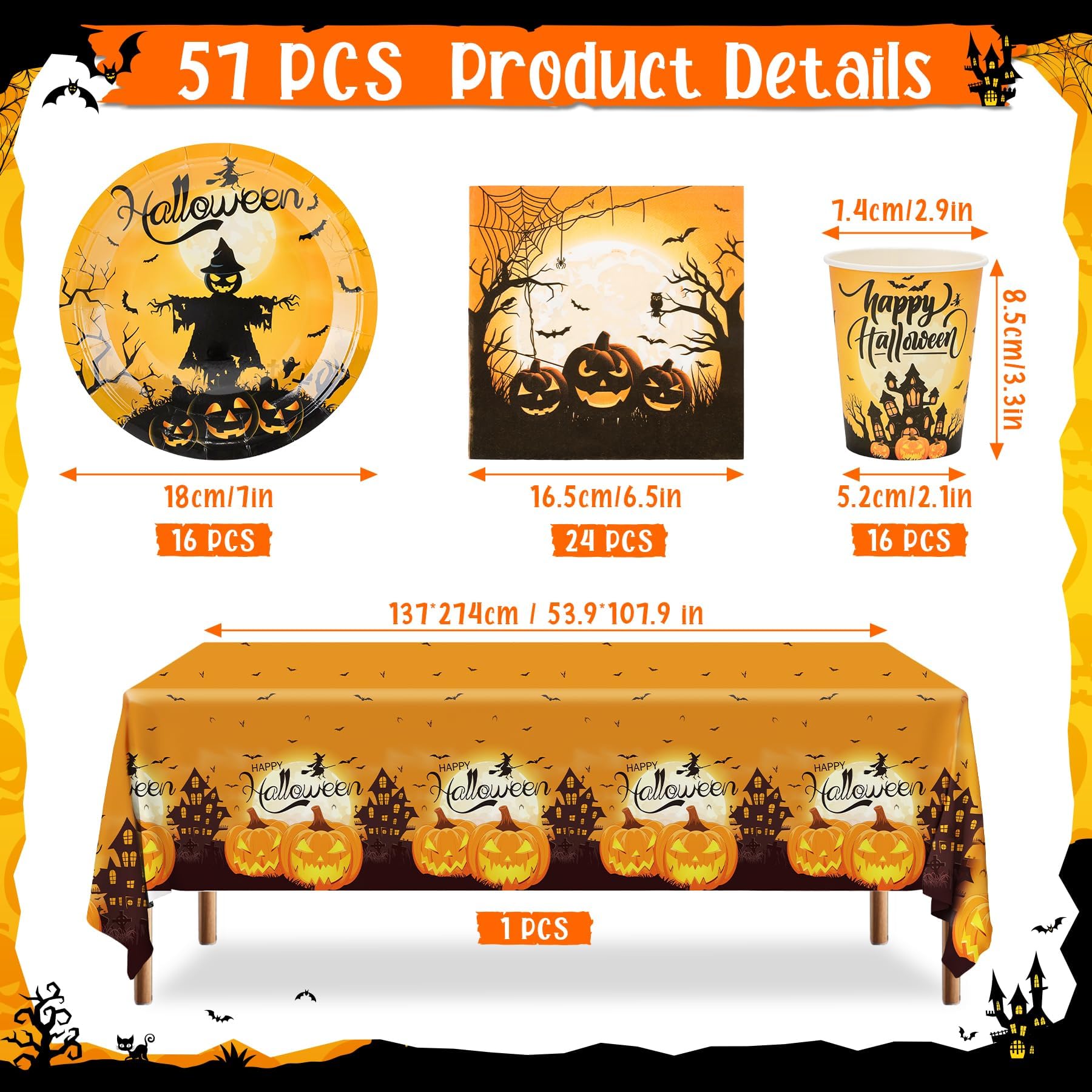 Halloween Party Set 96 Teile - Gruselgeschirr & Deko Für Bis Zu 16 Gäste