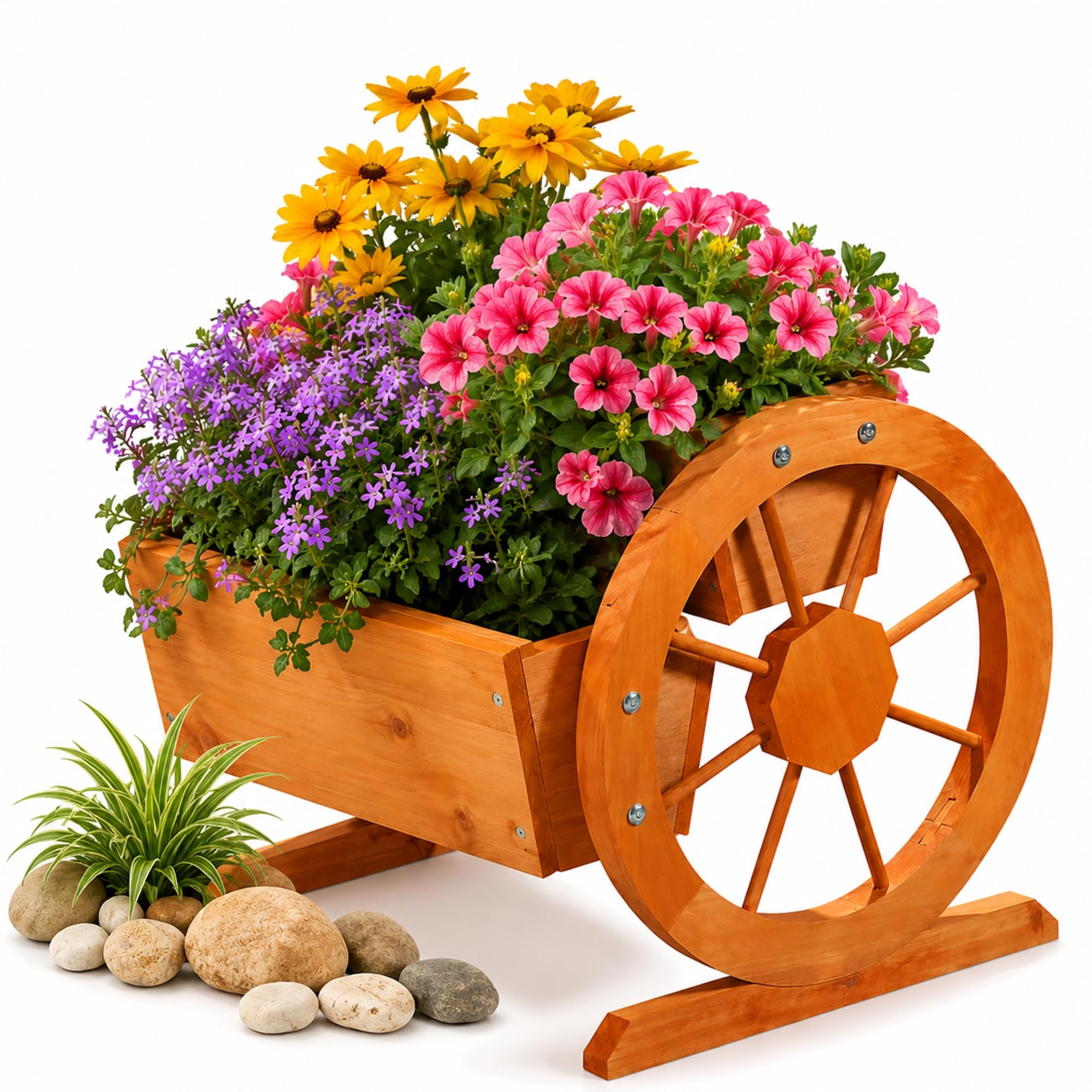 Mucola Pflanzkübel mit Wagenrädern aus Fichtenholz 44x42x40cm – Dekorativer Blumenwagen im Landhausstil mit 2 Pflanzfächern für Garten und Terrasse, Gartendeko Nostalgisch, Natürliche Holzoptik