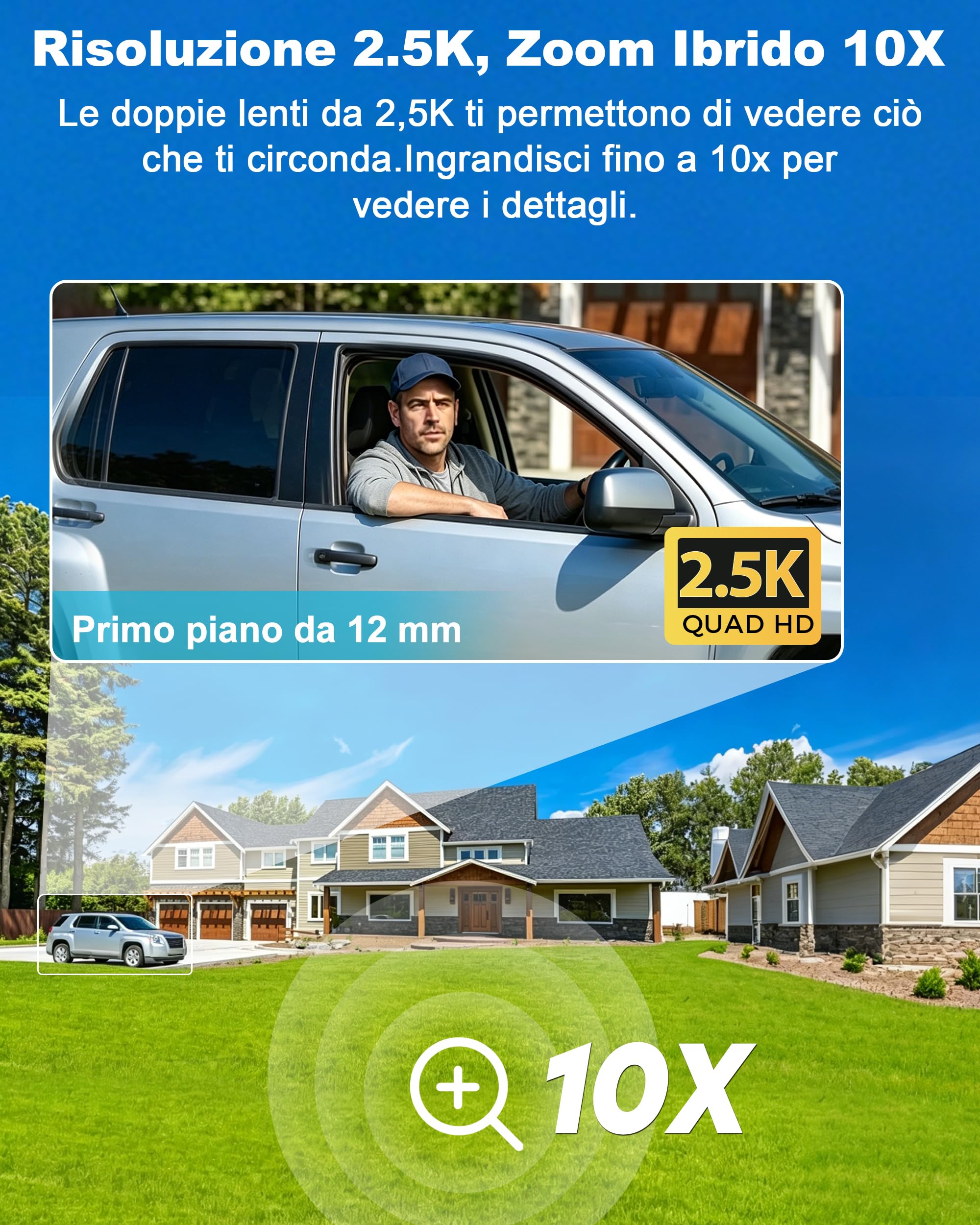 GENBOLT Telecamera Wi-Fi Esterni, Doppia Lente 2.5K Telecamera CCTV IP | Zoom ibrido 10X,Registrazione Continua 24/7,PTZ,Intelligente Automatico,Rilevamento Persone,Notturna Colori,IP66[DC&POE]