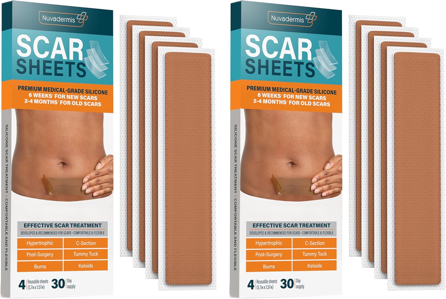 NUVADERMIS Silicone Scar Sheets – Extra Long Scar Sheets for C-Section, Tummy Tuck, Keloid, and Surgical Scars – Reusable Medical Grade Silicone Scar Sheets – 2 Packs of 4 – Medium Tone