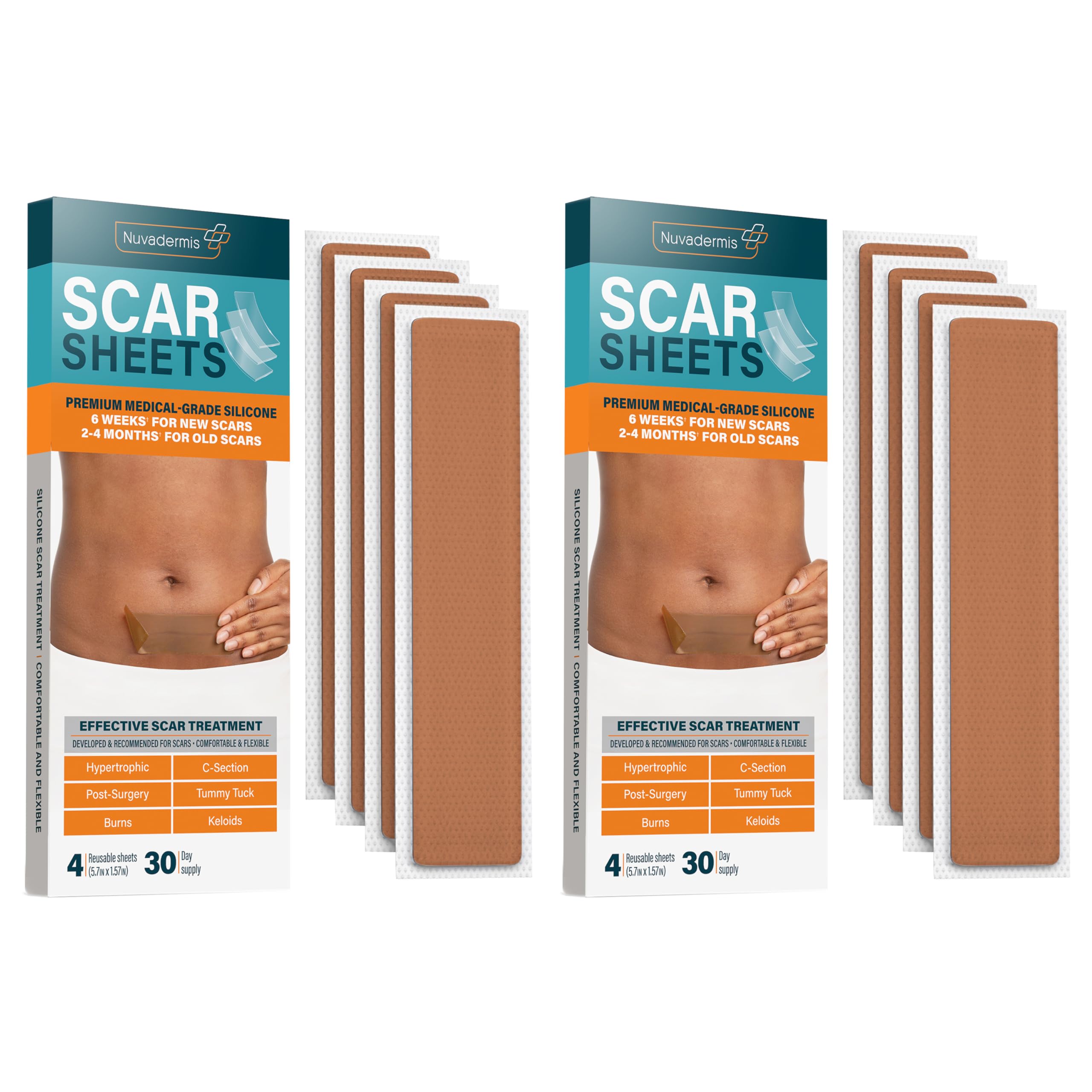 NUVADERMIS Silicone Scar Sheets - Extra Long Scar Sheets for C-Section, Tummy Tuck, Keloid, and Surgical Scars - Reusable Medical Grade Silicone Scar Sheets - 2 Packs of 4 - Medium Tone