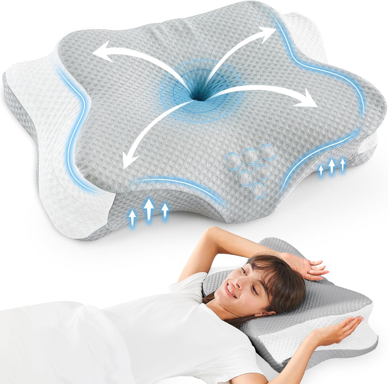 DISSA Neck Pillow Cervical Memory Foam Pillows for Pain Relief Sleeping, Ergonomic Pillow for Shoulder Pain, Contour Pillow for Back & Stomach Side Sleeper Pillow with Adjustable Height(Grey)