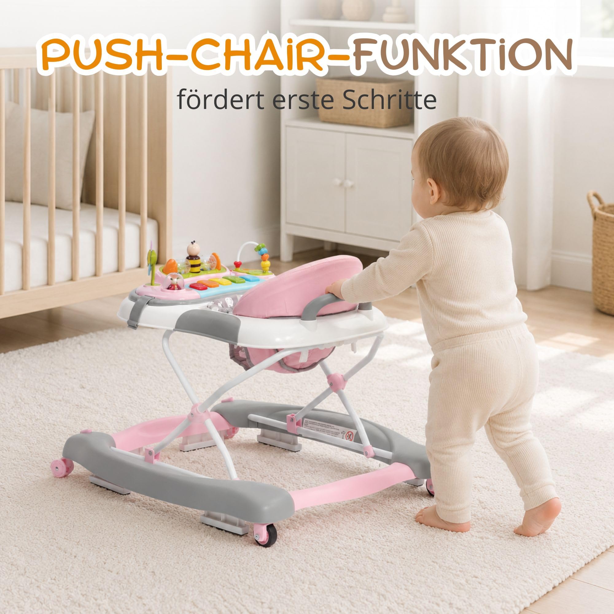 4-in-1 Gehfrei Babywalker ab 6 Monate | Lauflernwagen mit Schaukelfunktion und Spielpaneel mit Musik | Höhenverstellbare und Klappbar | Lauflernhilfe mit leisen Rollen und Bremsen