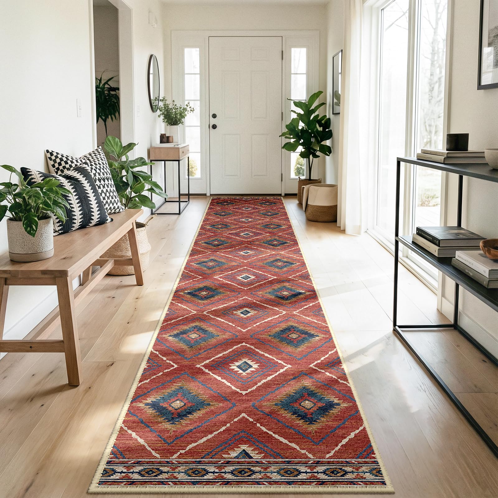 DEFYNEE Läufer Teppich, rutschfest, Kurzflor, Waschbar, Faltbar, Boho Design für Flur, Küche, Wohnzimmer & Büro