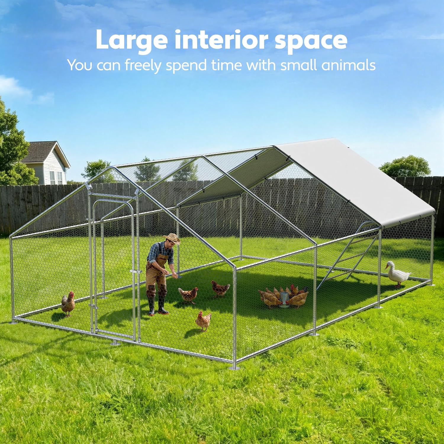 Large Metal Chicken Coop,19.7' L x 13.1' W x 6.4' H, Walk-in Chicken Run with Roosting Perch & Waterproof & UV-Resistant Cover, Spire Roof Extra Large Chicken Coop for Outdoor Backyard Farm