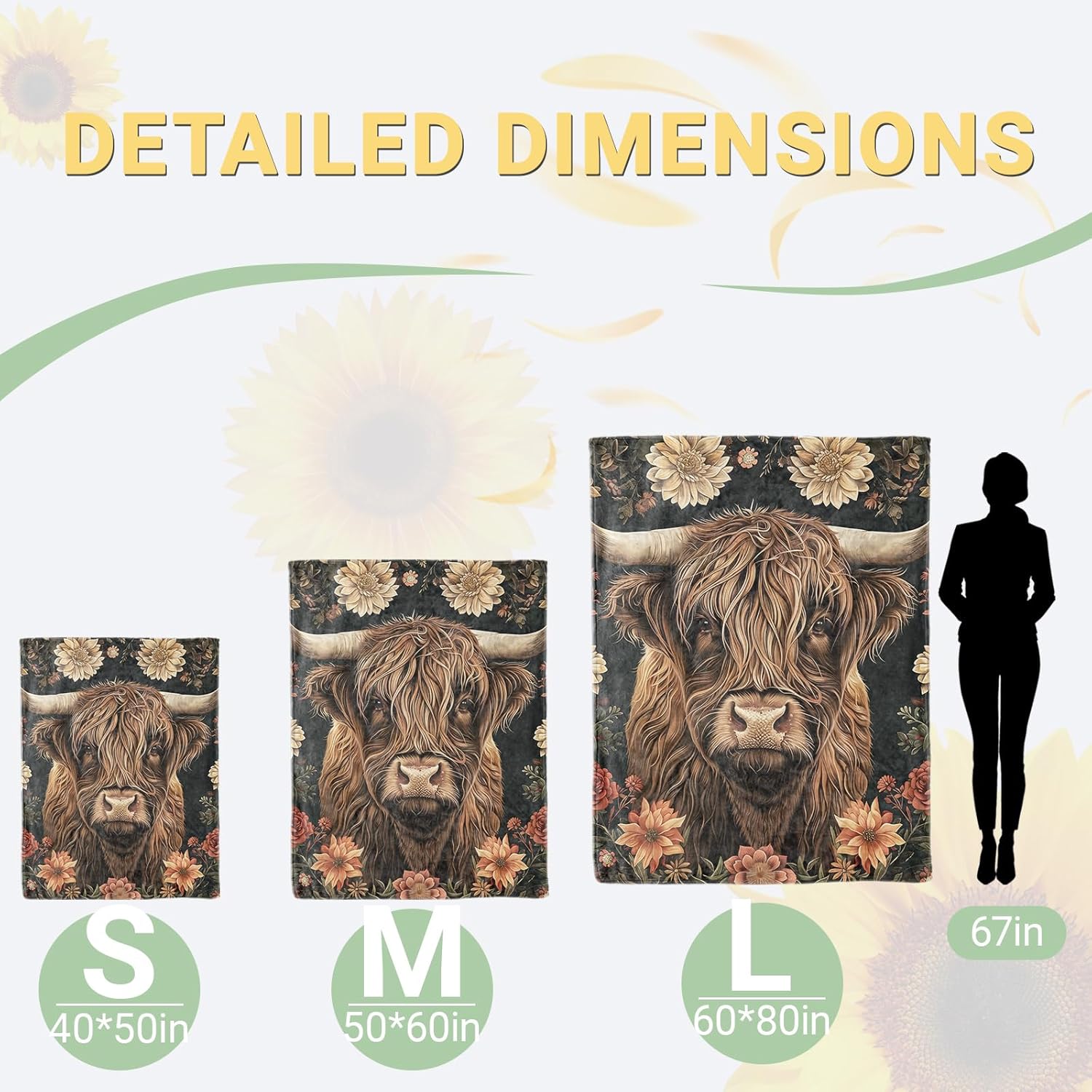 Highland Cow Floral Fleece Blanket Gifts for Kids Girls, Rustic Farm Animal Throw Blankets for Women Adults, Cozy Lightweight for Couch Bed Room Home Decor, 50x60 in - Image 3